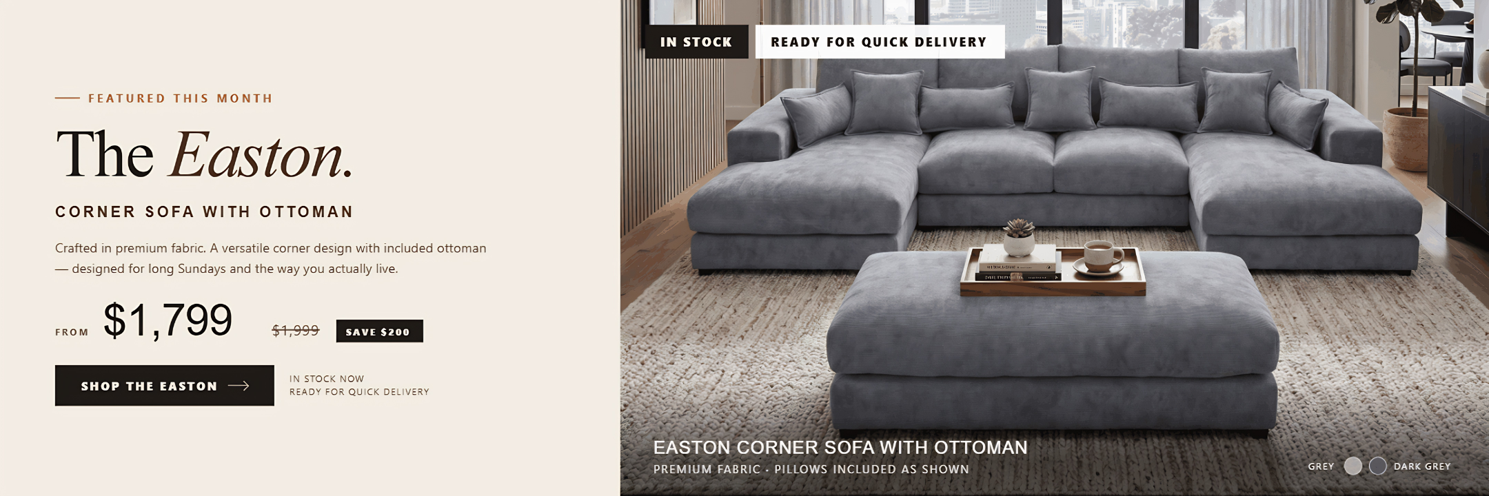Gray corner sofa with ottoman on a website page with promotional text.
