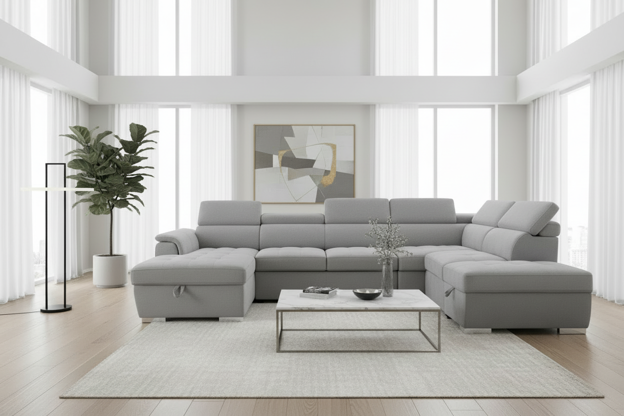 Gray sectional sofa in a modern living room with large windows.