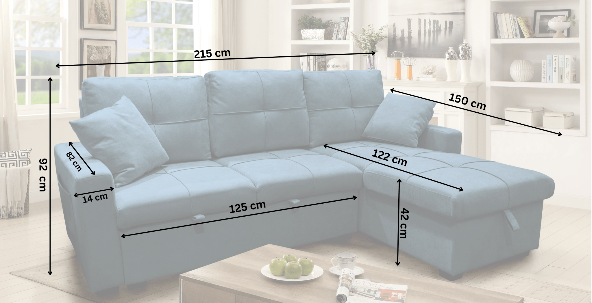 Light blue sectional sofa with detailed measurements in a modern living room setting