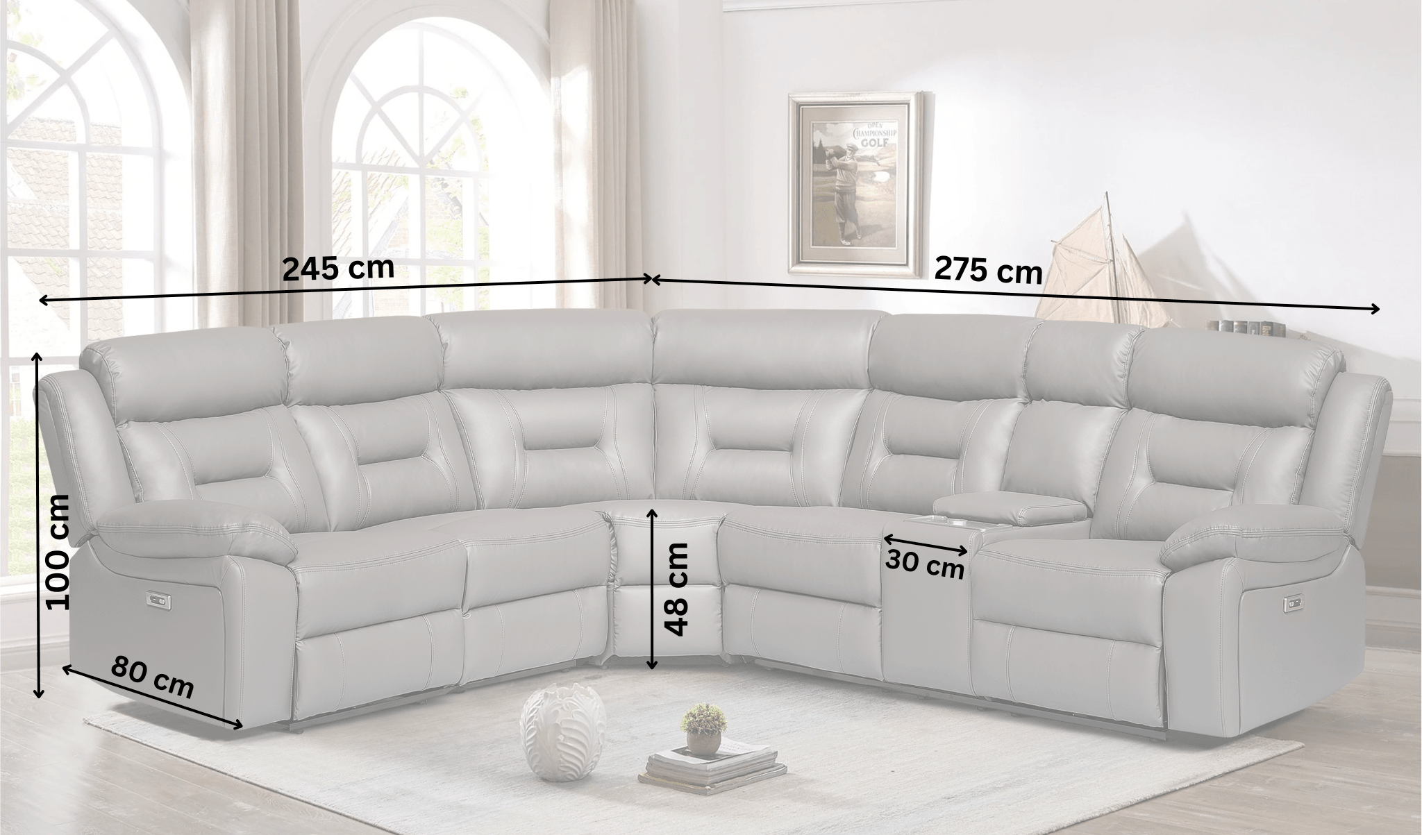 Grey electric corner recliner sofa with cup holders in living room, labeled measurements shown.