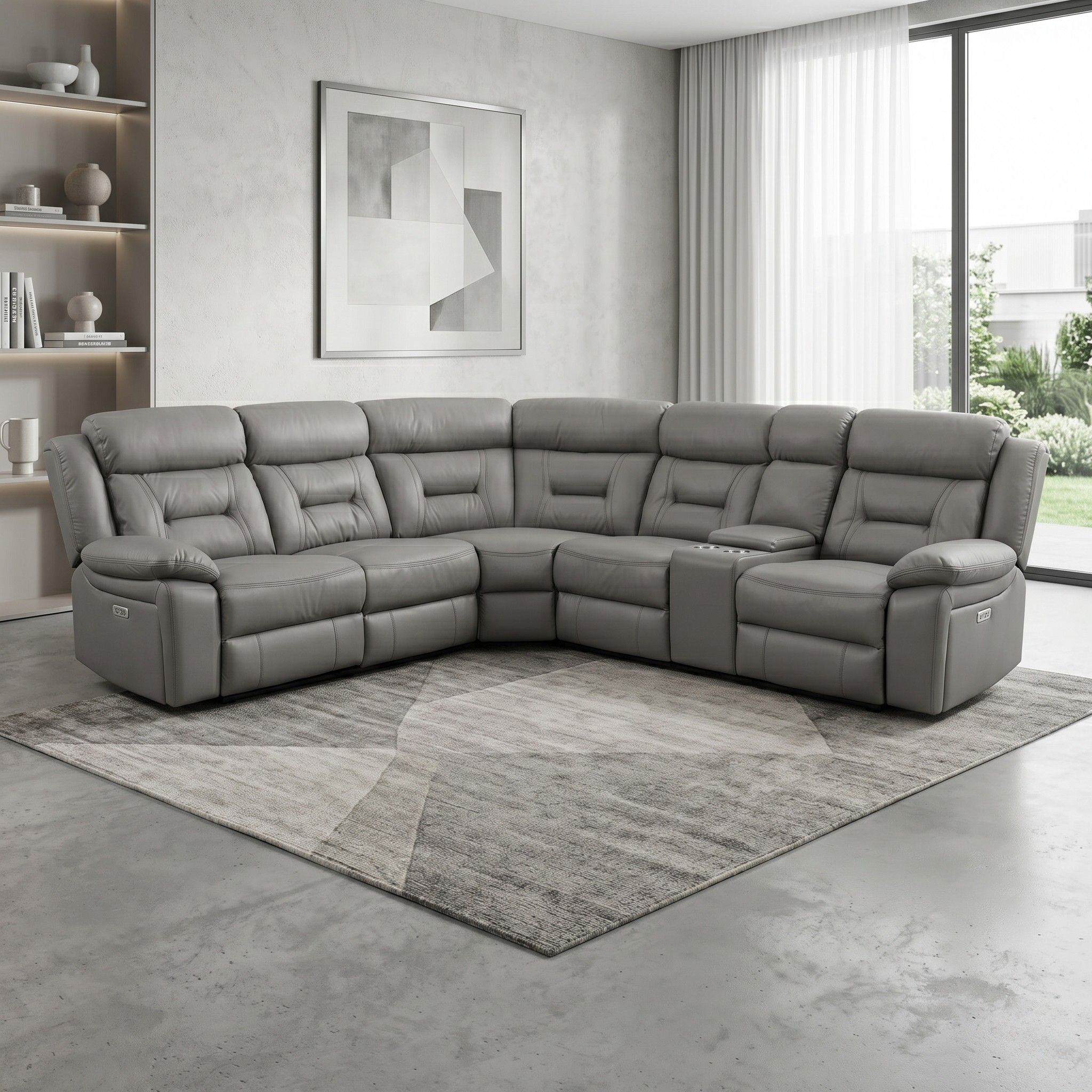 Sovereign Air Leather Electric Corner Recliner in grey leather with plush cushioning, designed for comfort and modern living room relaxation, positioned on a neutral rug.