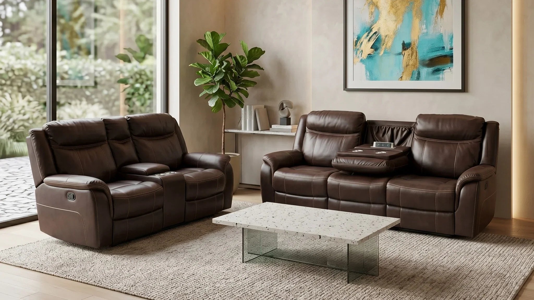 Modern living room with brown leather sofas, a coffee table, and abstract art on the wall.