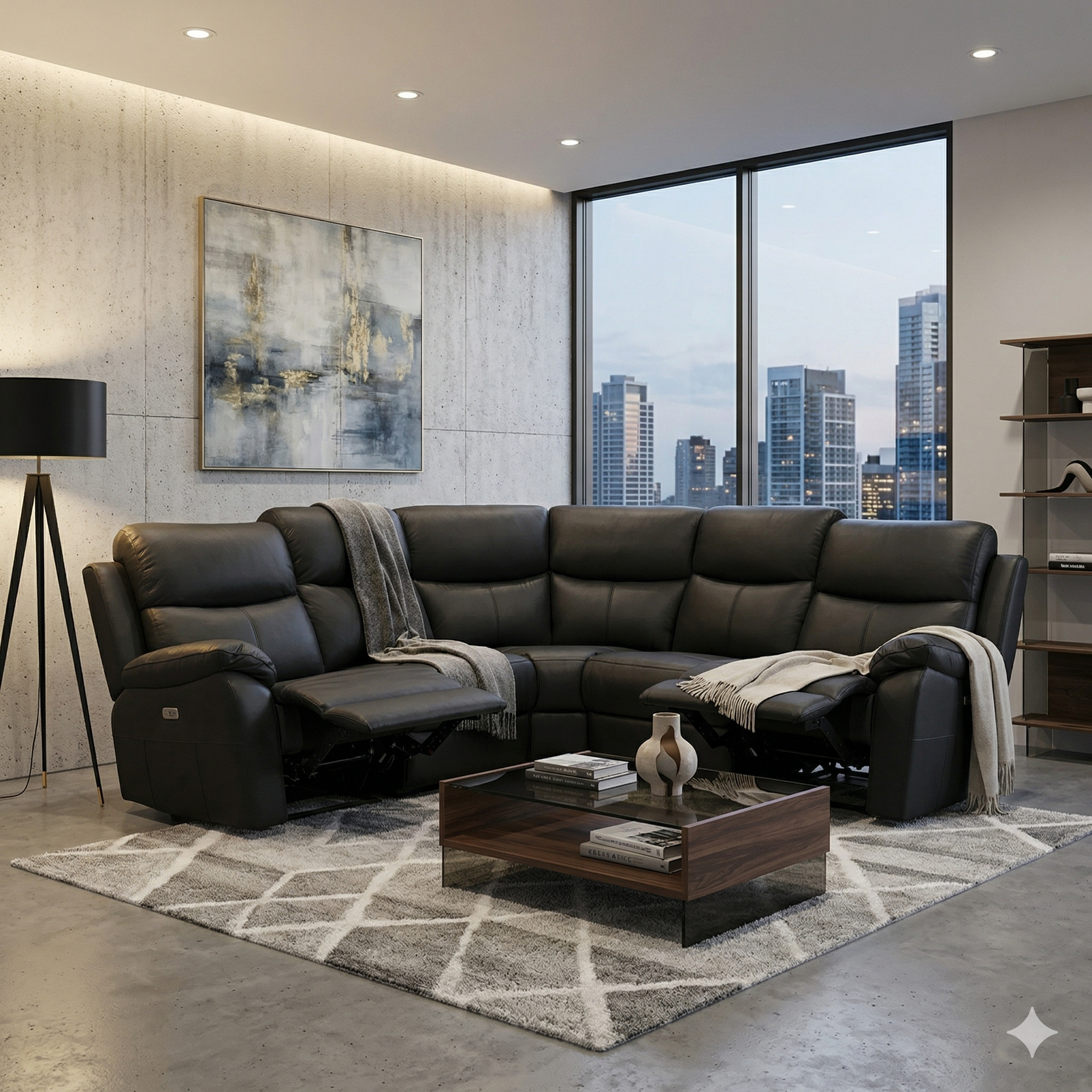 Modern living room with a black leather sectional sofa, coffee table, and cityscape view.