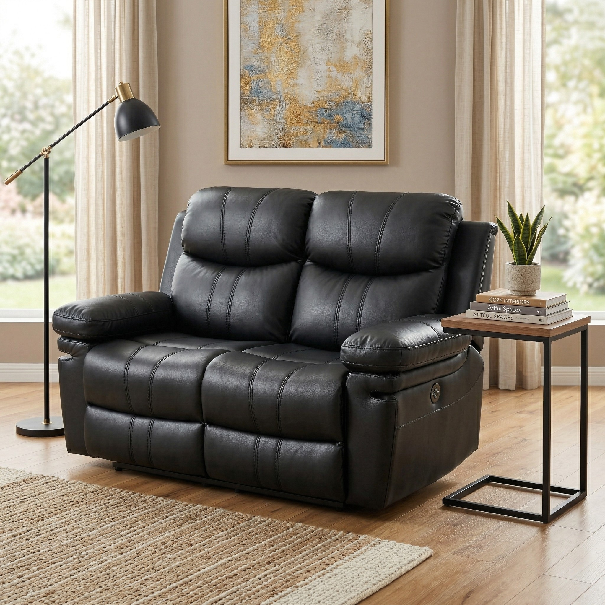 Sutton 2 Seater Air Leather Recliner Lounge in black, featuring cushioned armrests and backrests, situated in a modern living room with natural light and minimalist decor.
