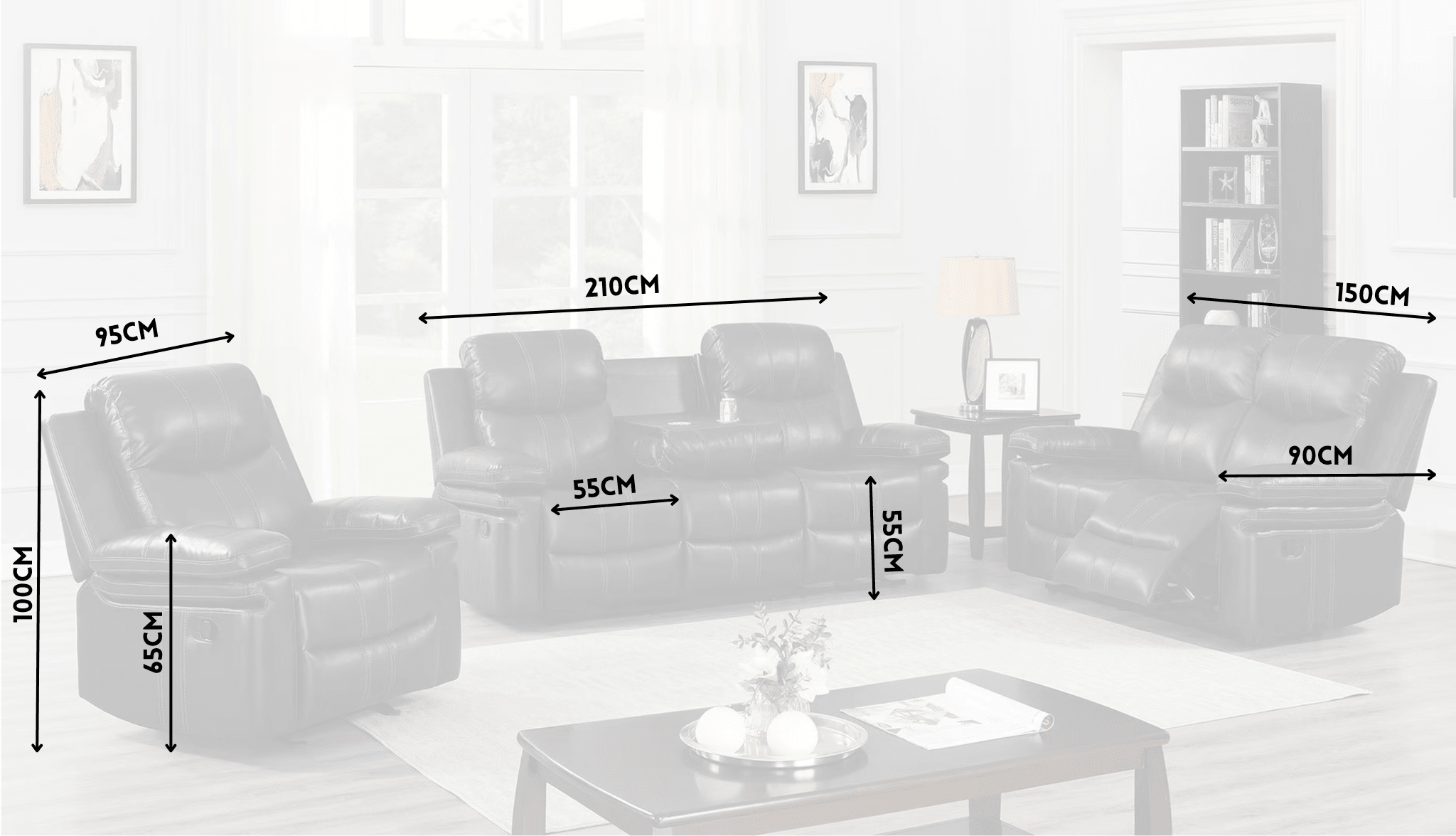 Black leather lounge suite with recliner sofa dimensions labeled in a living room setting