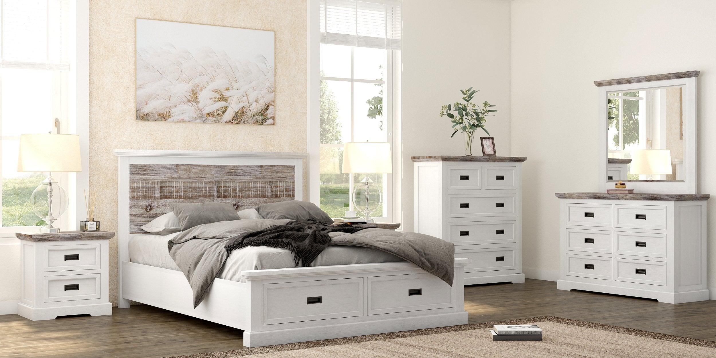 Modern white bedroom set with rustic wood accents, bed, dresser, and nightstands in bright room