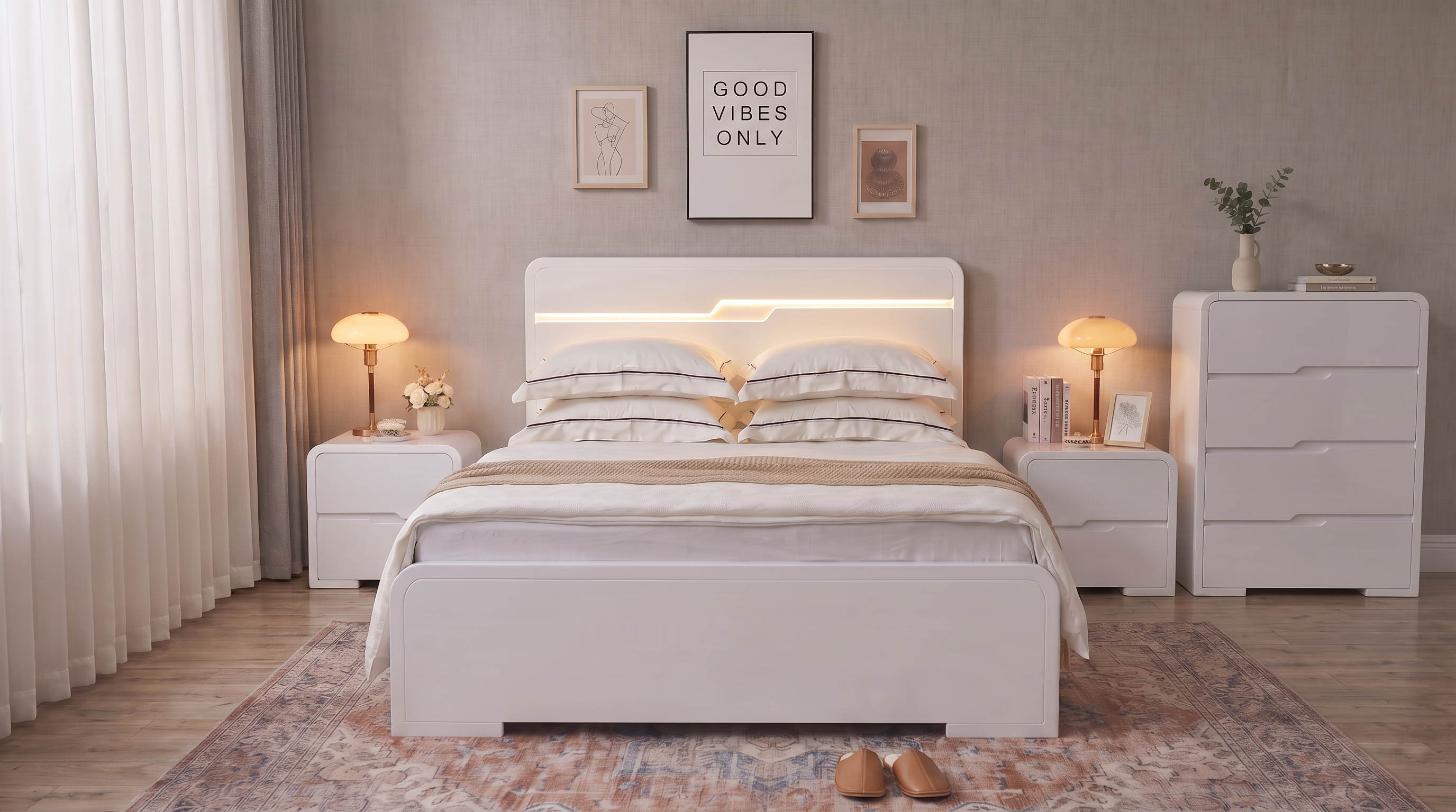 Carinda 4 Piece Tallboy Bedroom Suite in gloss white - gas lift storage bed with lit LED headboard channel, two matching two-drawer bedside tables and a four-drawer tallboy in a warm neutral bedroom - The A2Z Furniture