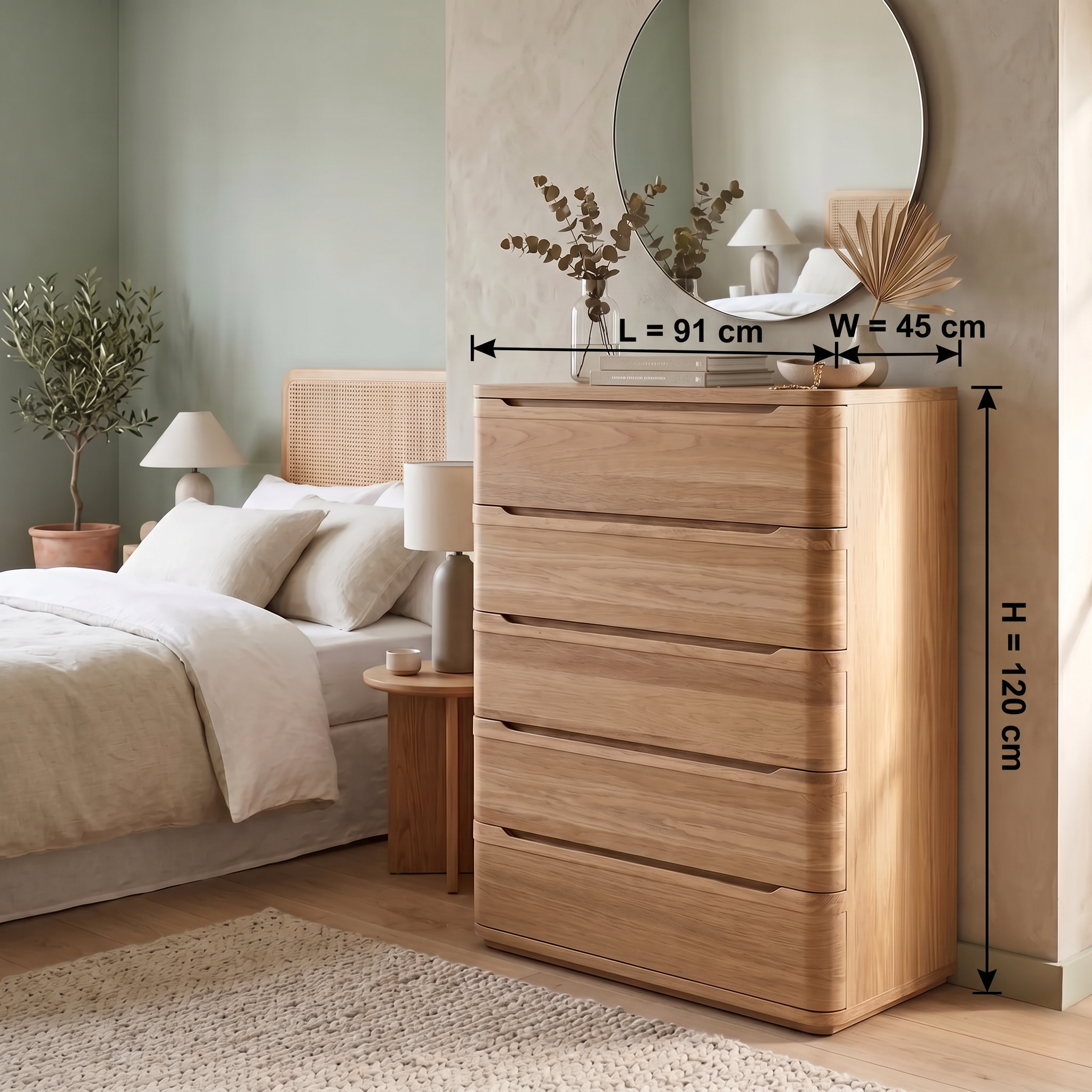 Canberra tallboy dimension diagram - length 91 cm, width 45 cm, height 120 cm - The A2Z Furniture