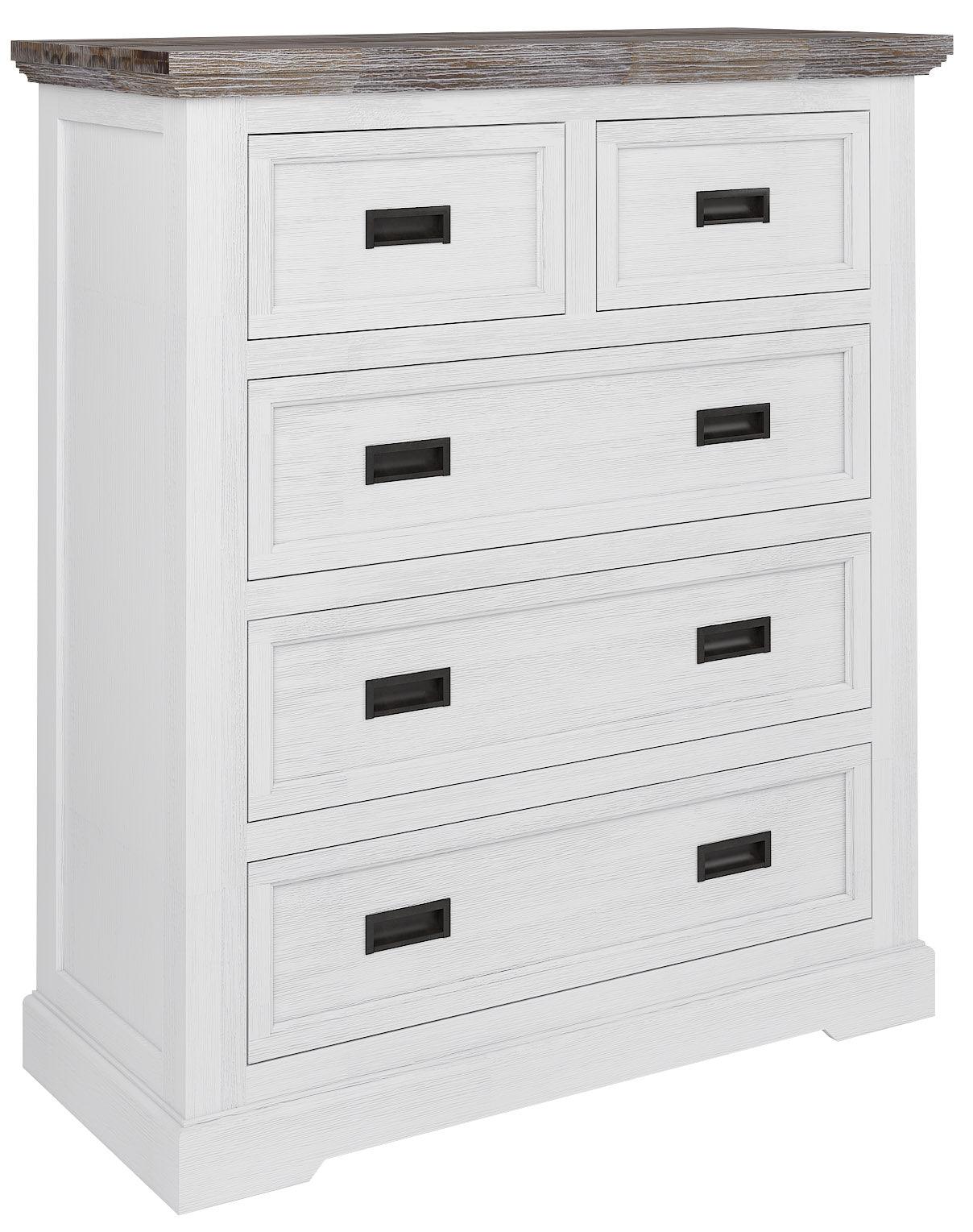 A Tasman Tallboy with a white base and brown top, featuring multiple drawers with metal handles.