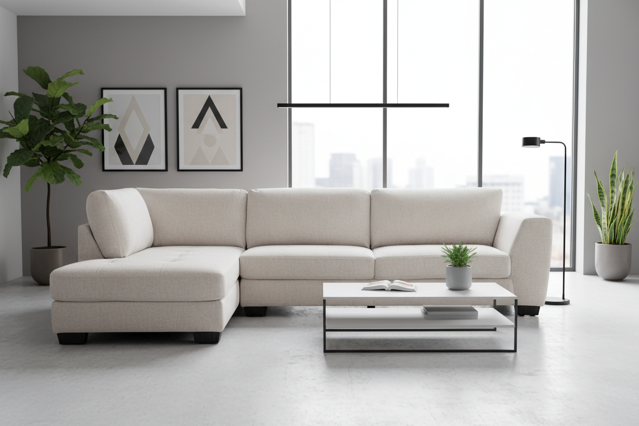 Modern living room with a beige sectional sofa, coffee table, and decorative plants.