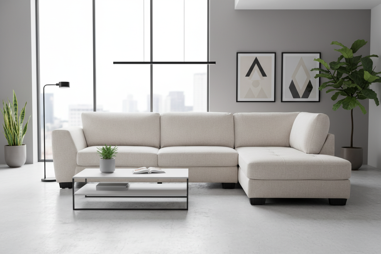 Modern living room with a beige sectional sofa, coffee table, and decorative plants.