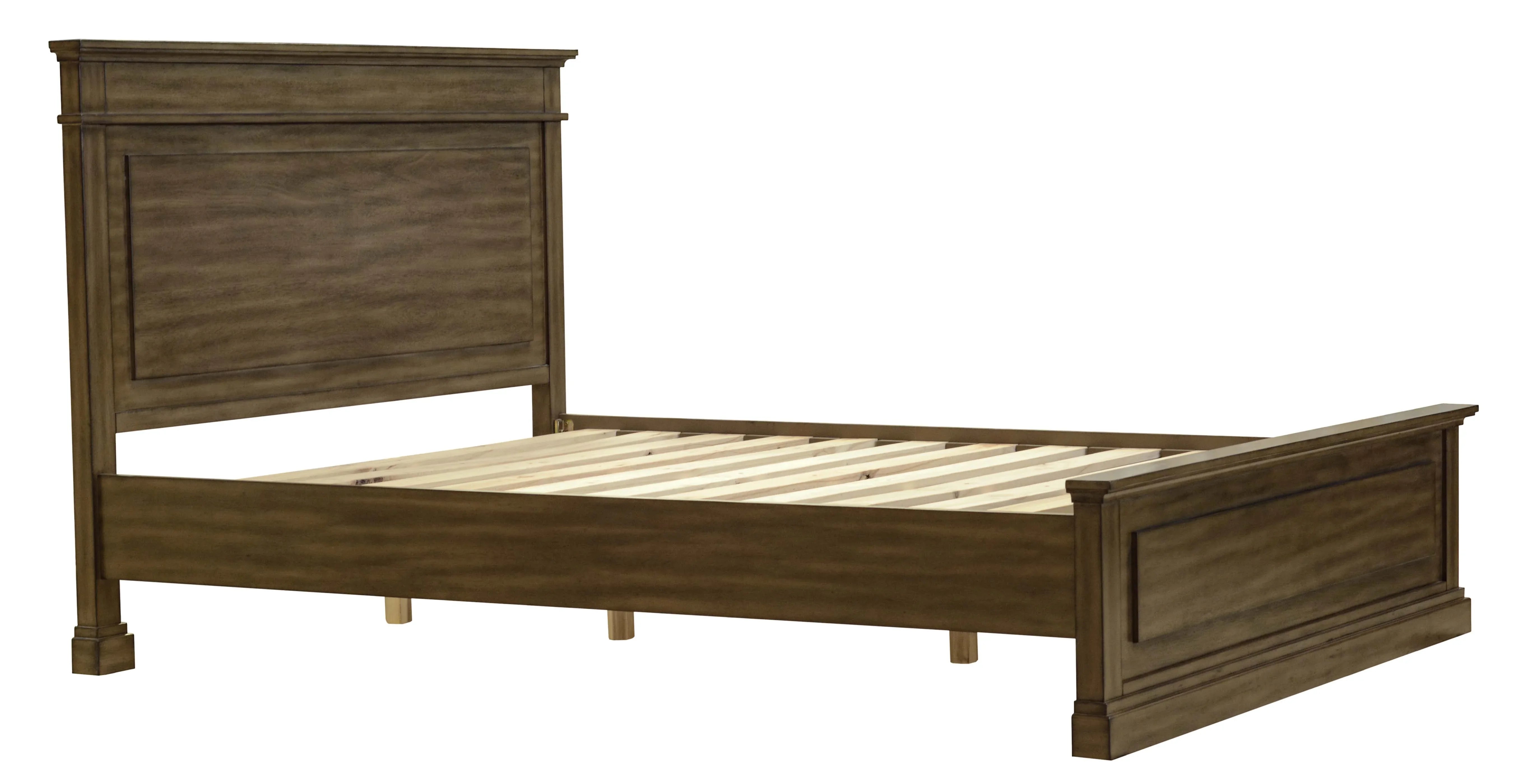 Wooden king bed frame with high headboard and footboard, classic panel design