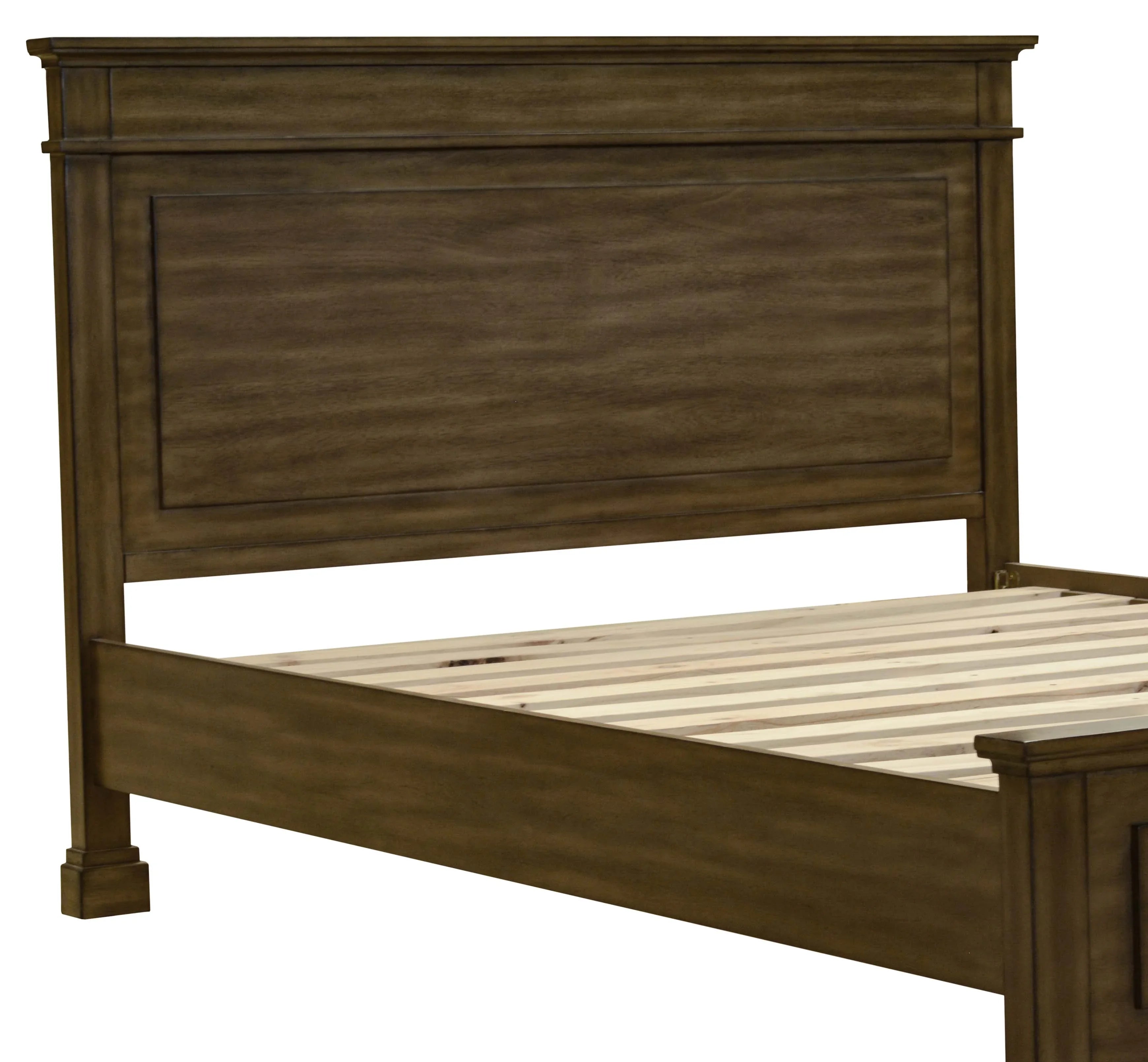 Wooden bed frame with high headboard and slatted base in a bedroom setting