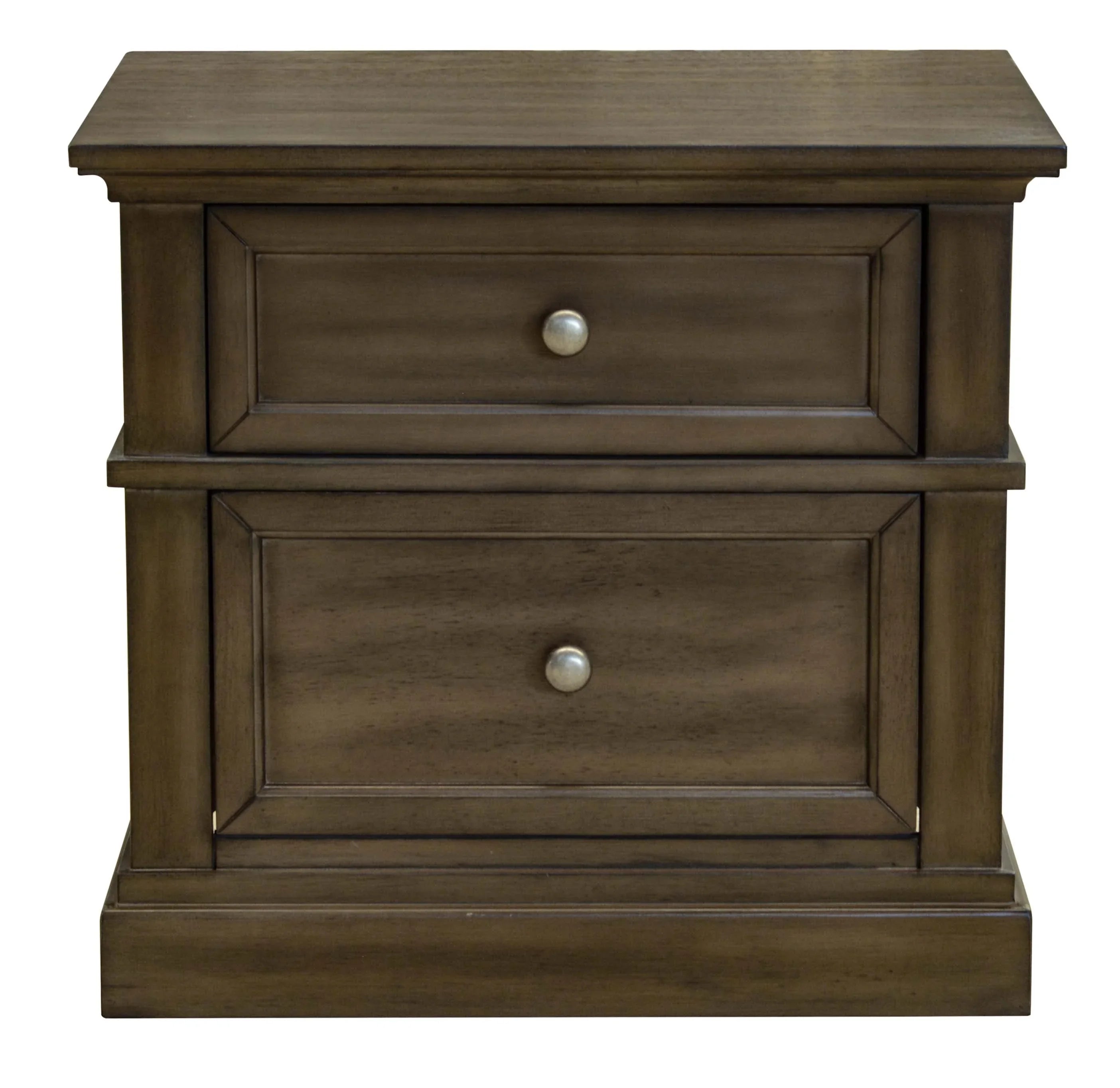 Wooden bedside table with two drawers and metal knobs, bedroom furniture