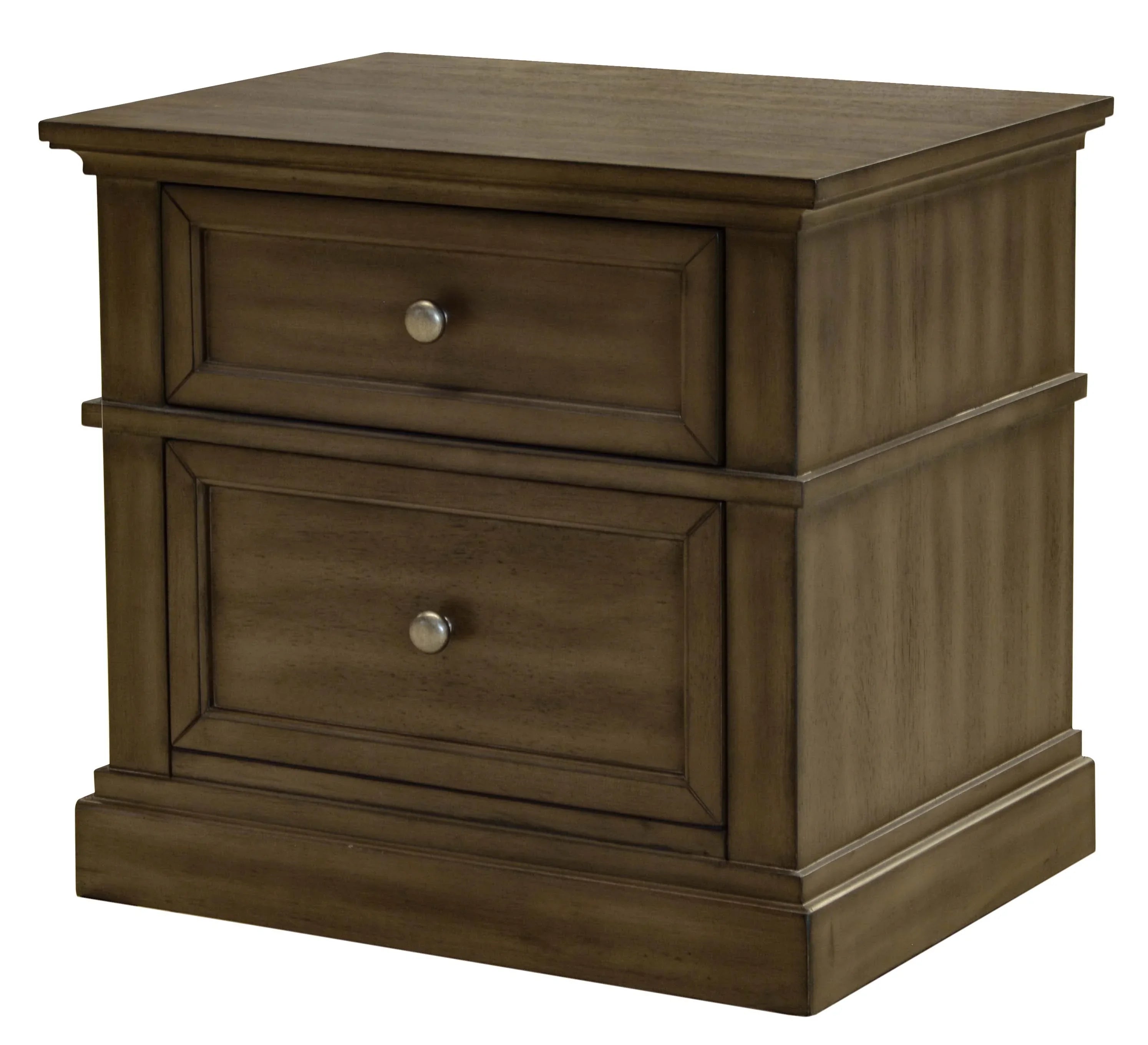 Wooden bedside table with two drawers and metal knobs