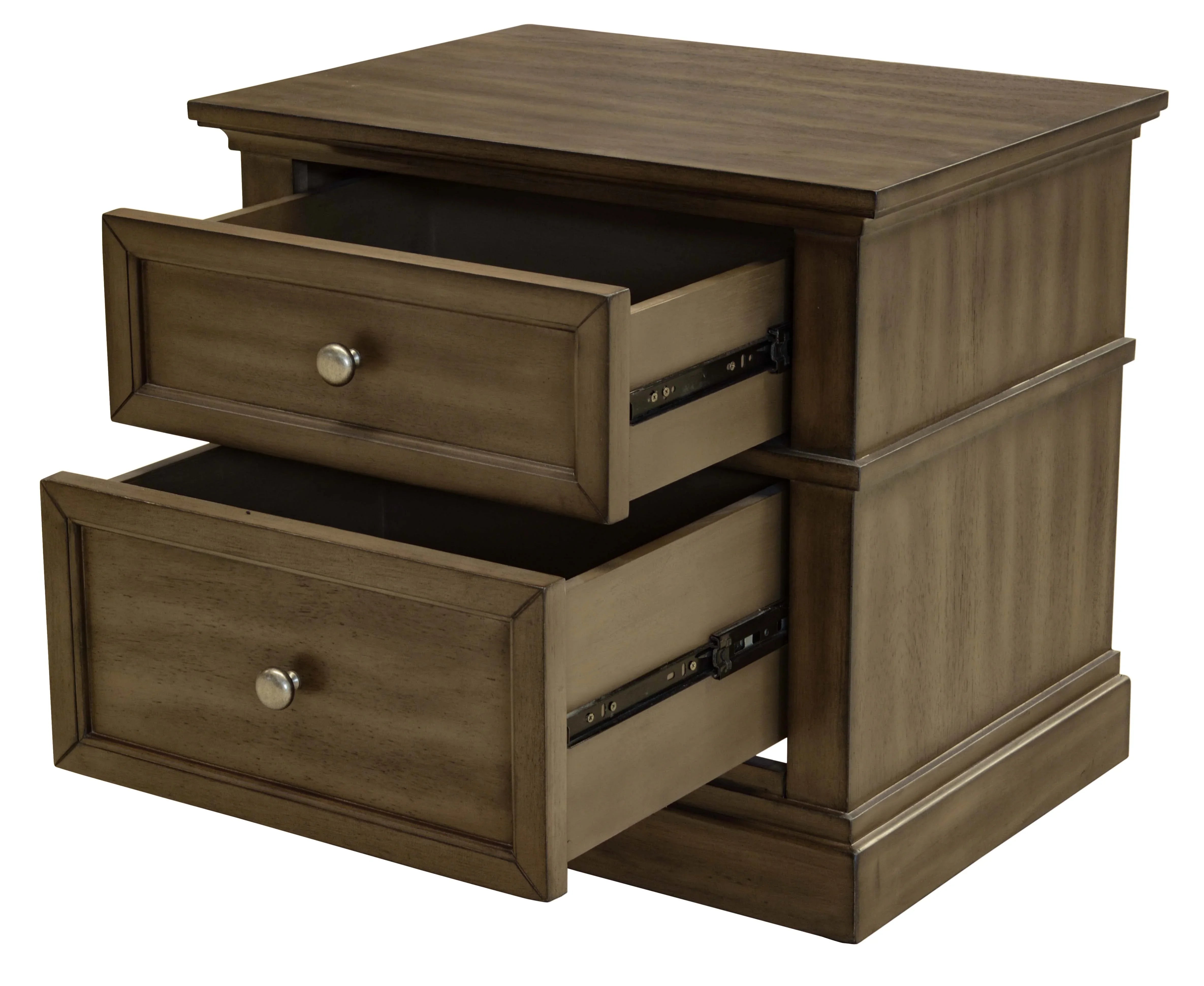 Wooden bedside table with two open drawers and silver knobs, perfect for bedroom storage.