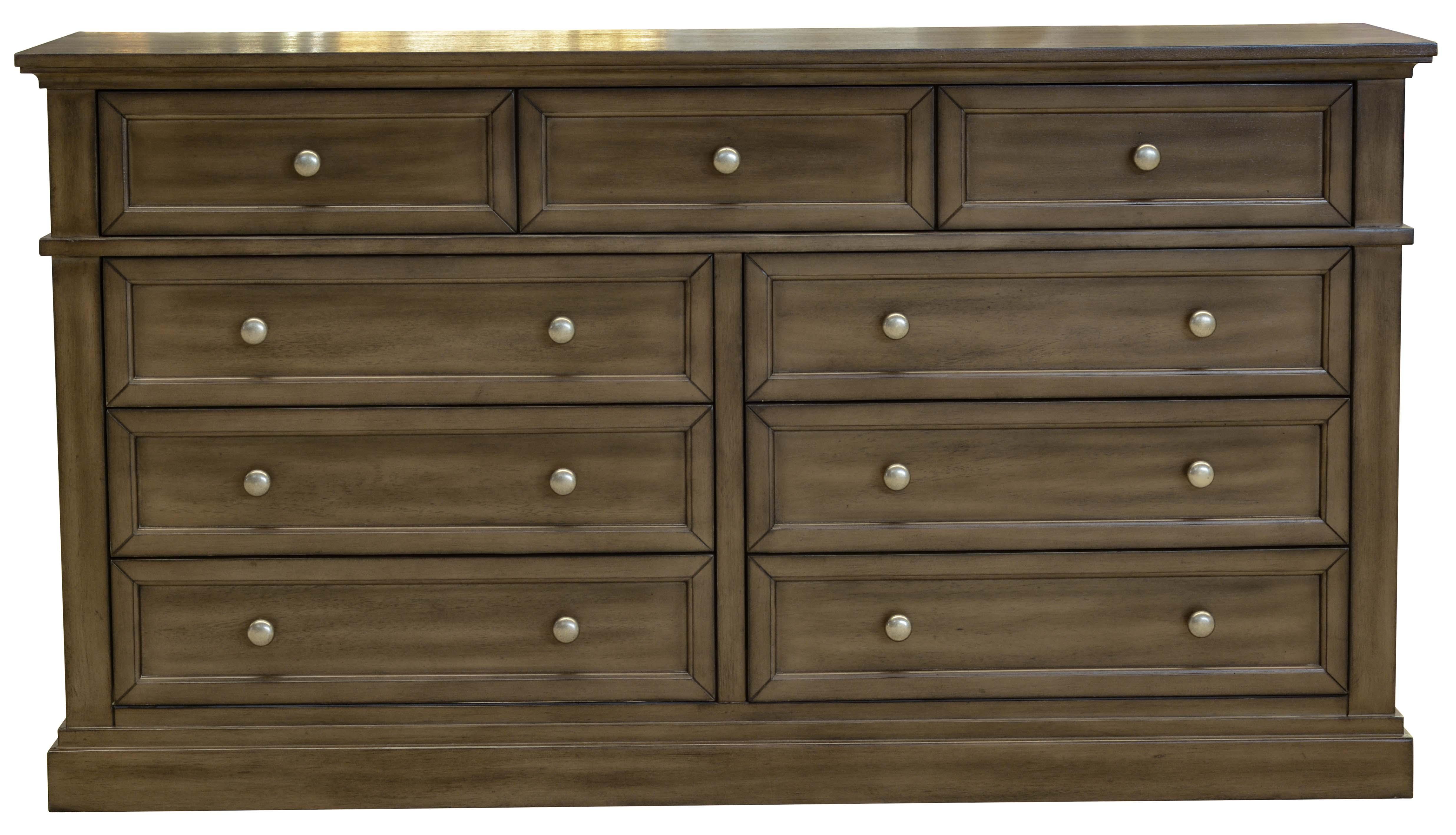 Wooden dresser with nine drawers and silver knobs in a classic bedroom furniture style