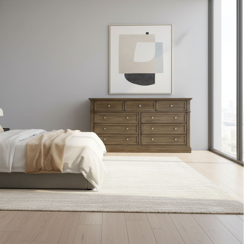 Modern bedroom with a bed, nightstands, and a dresser.