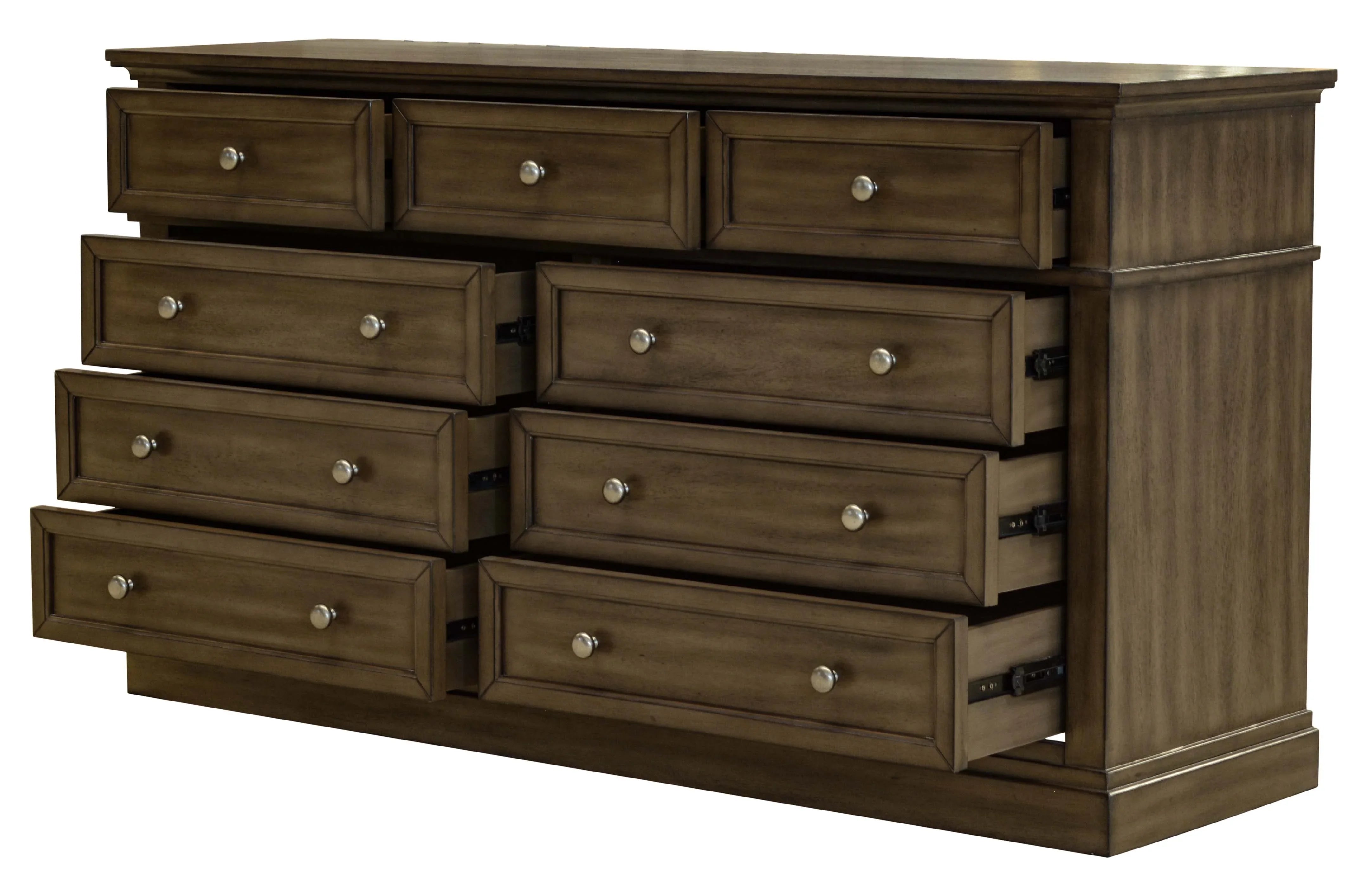 Wooden chest of drawers with nine drawers, some open, in a classic brown finish