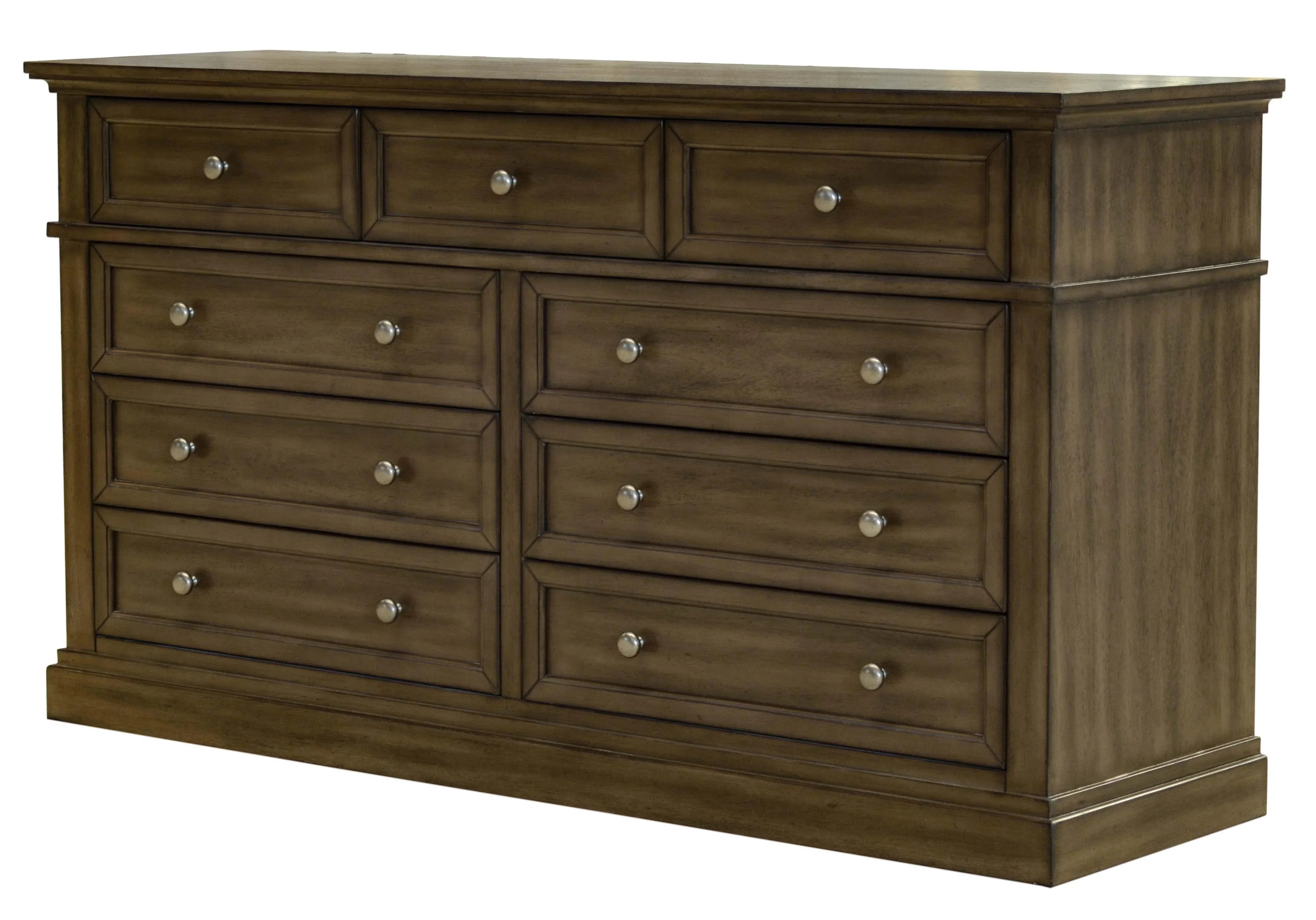 Rustic brown wooden dresser with nine drawers and metal knobs, bedroom storage furniture