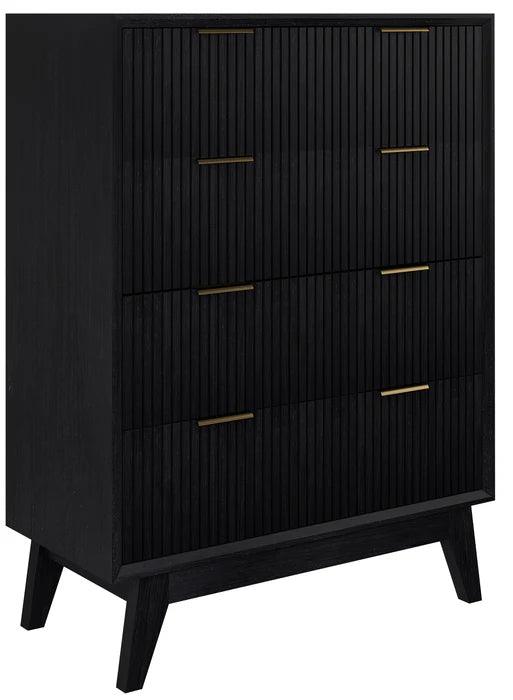 Modern black wooden chest of drawers with gold handles and vertical groove design