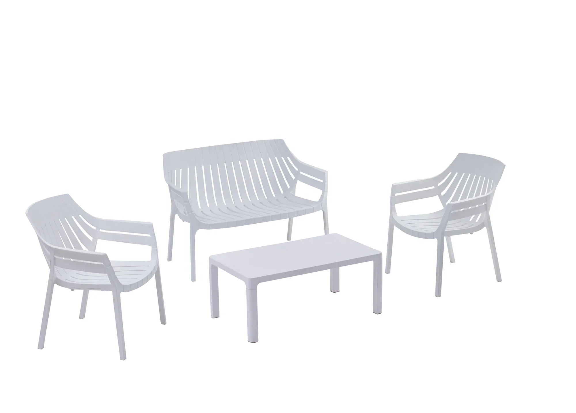 White outdoor furniture set with two armchairs, a two-seater bench, and a coffee table