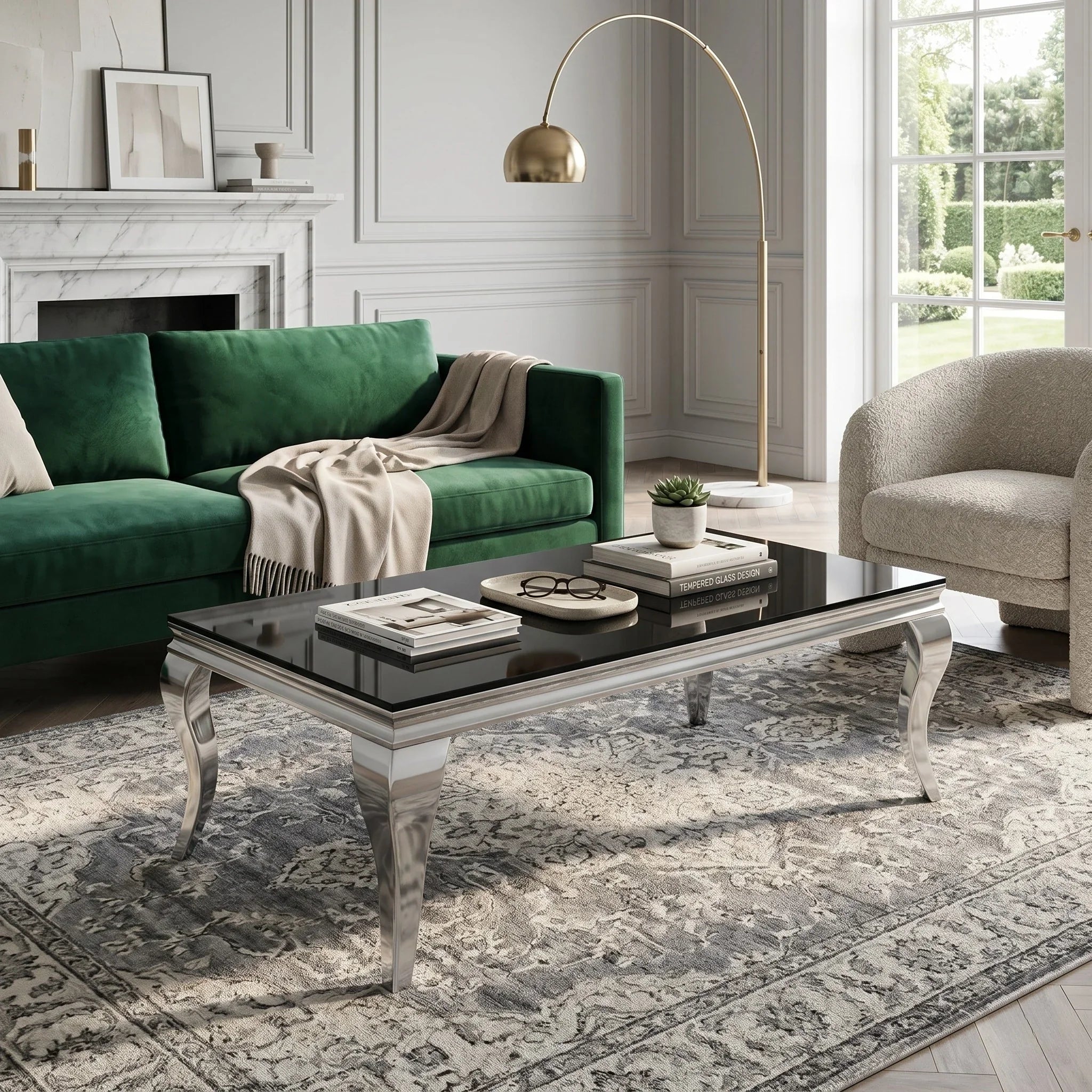 Modern living room with a green sofa, coffee table, and armchair.