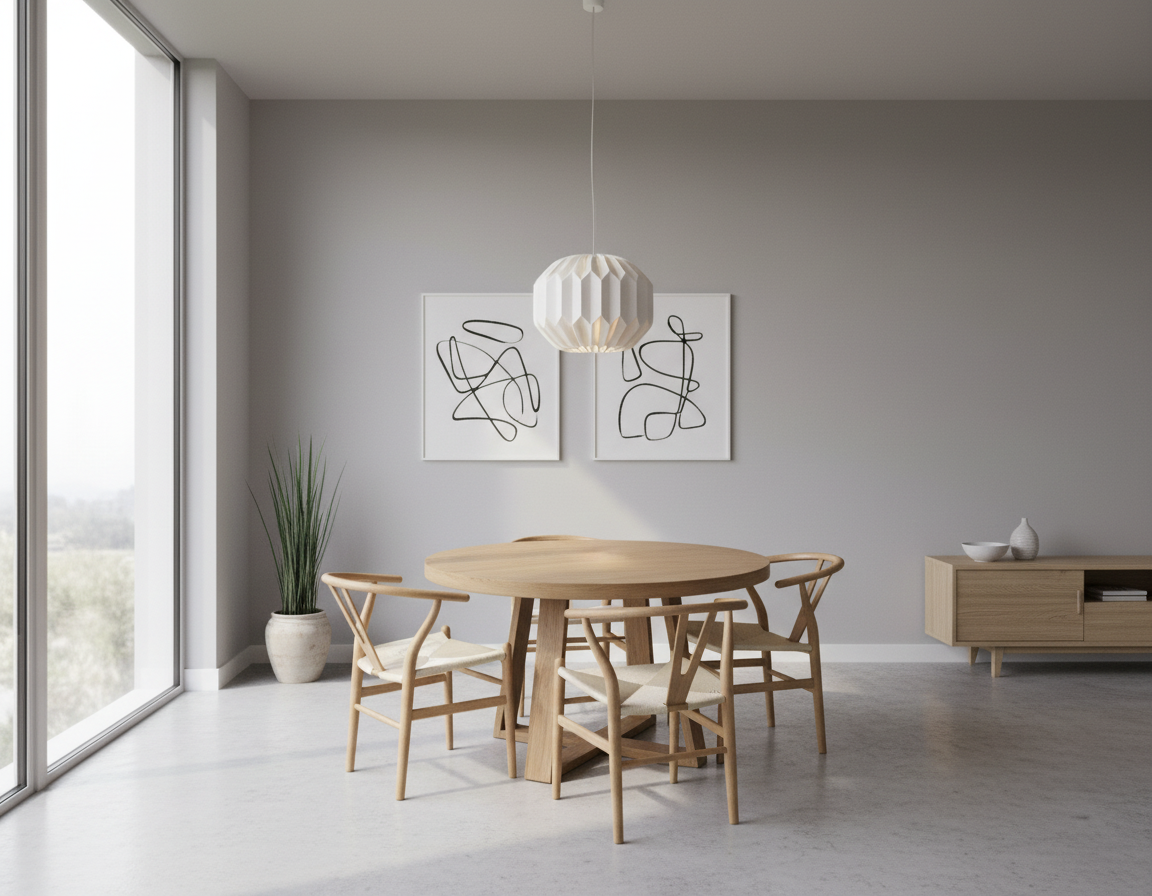 Modern dining room with wooden table and chairs, abstract wall art, and a light fixture.