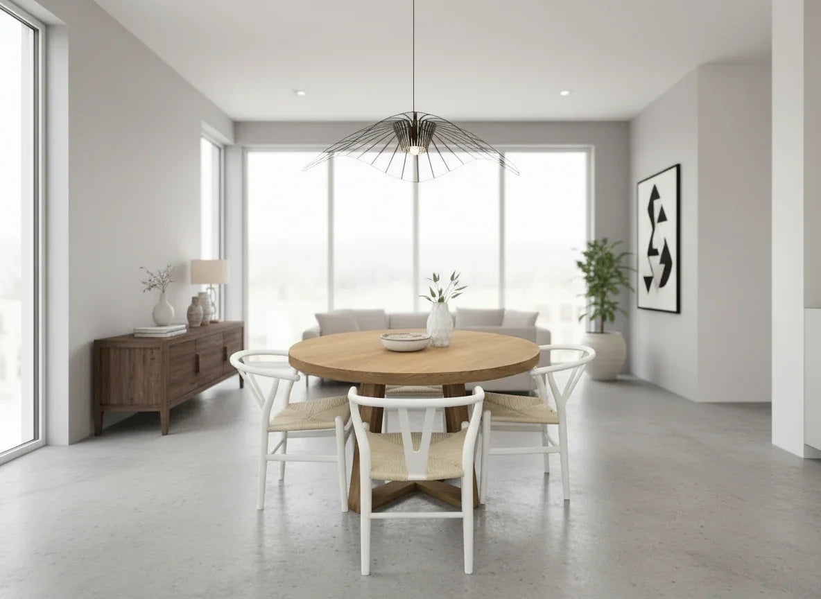 Modern dining room with wooden table and chairs in a bright, minimalistic setting.
