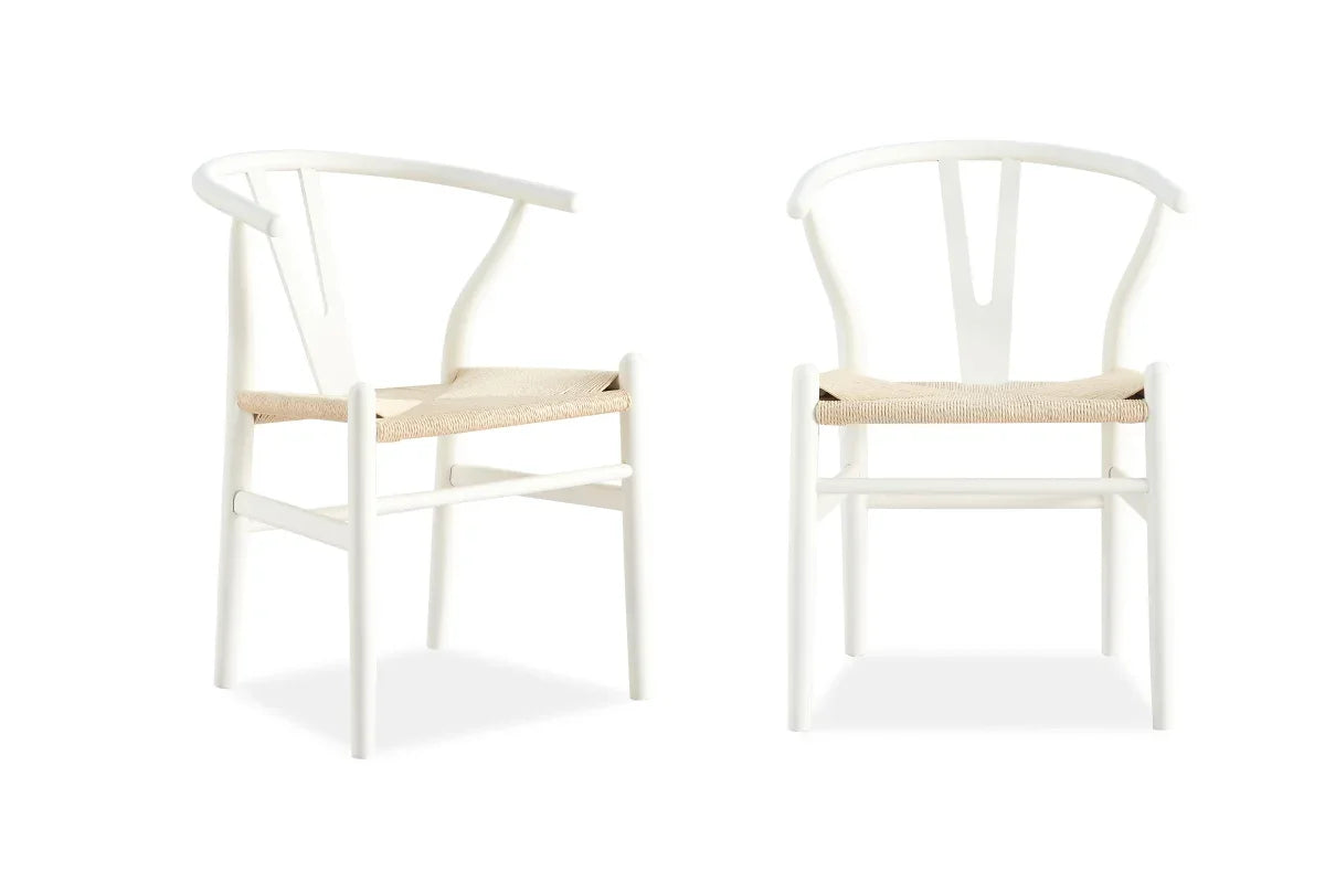 Two white chairs with wooden seats on a white background