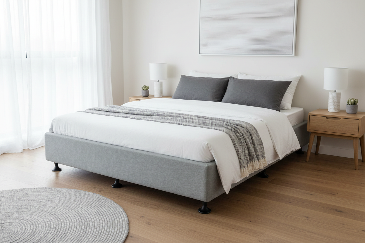 Gray bed base with white bedding in a bedroom setting