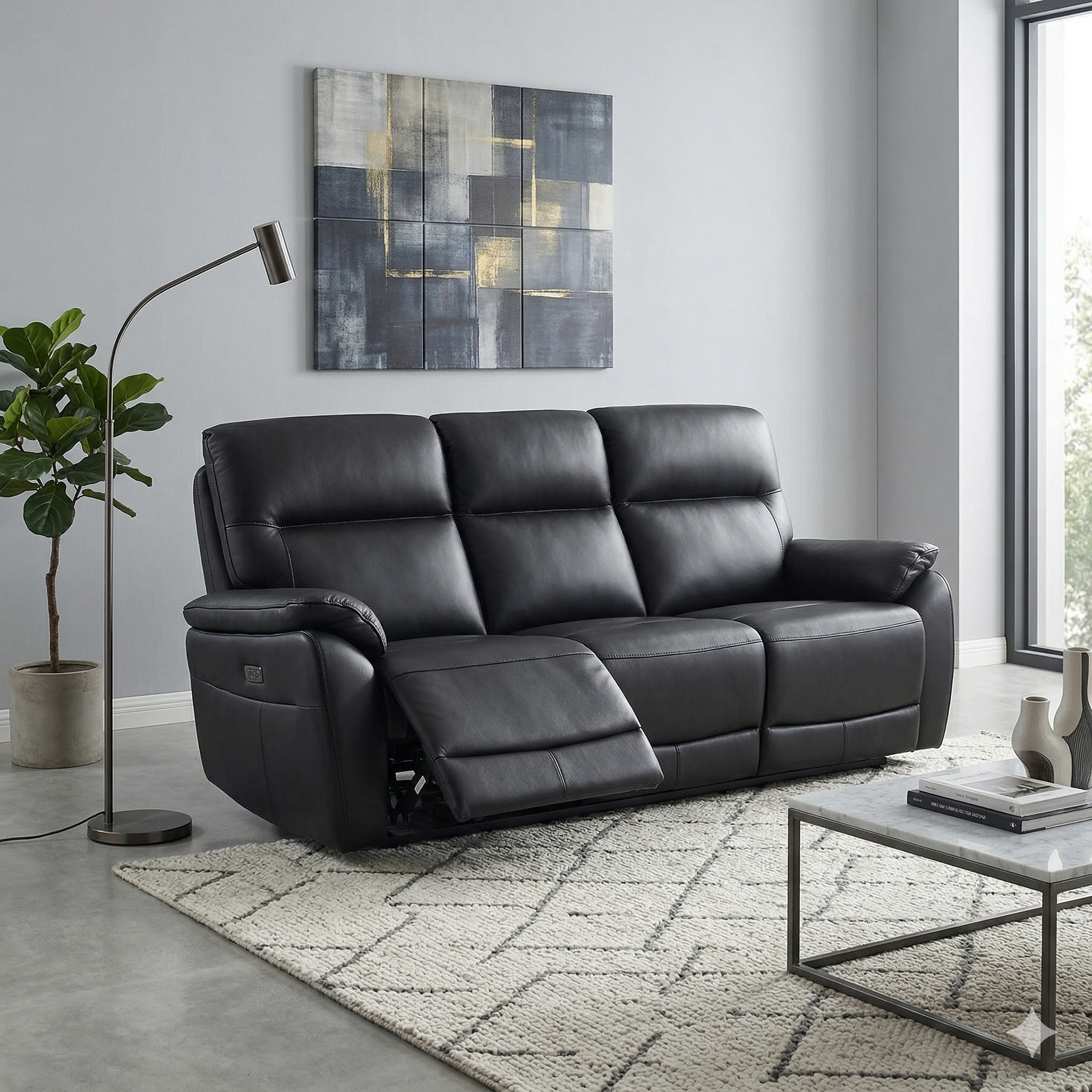 Gray leather sofa in a modern living room with abstract art and a coffee table.