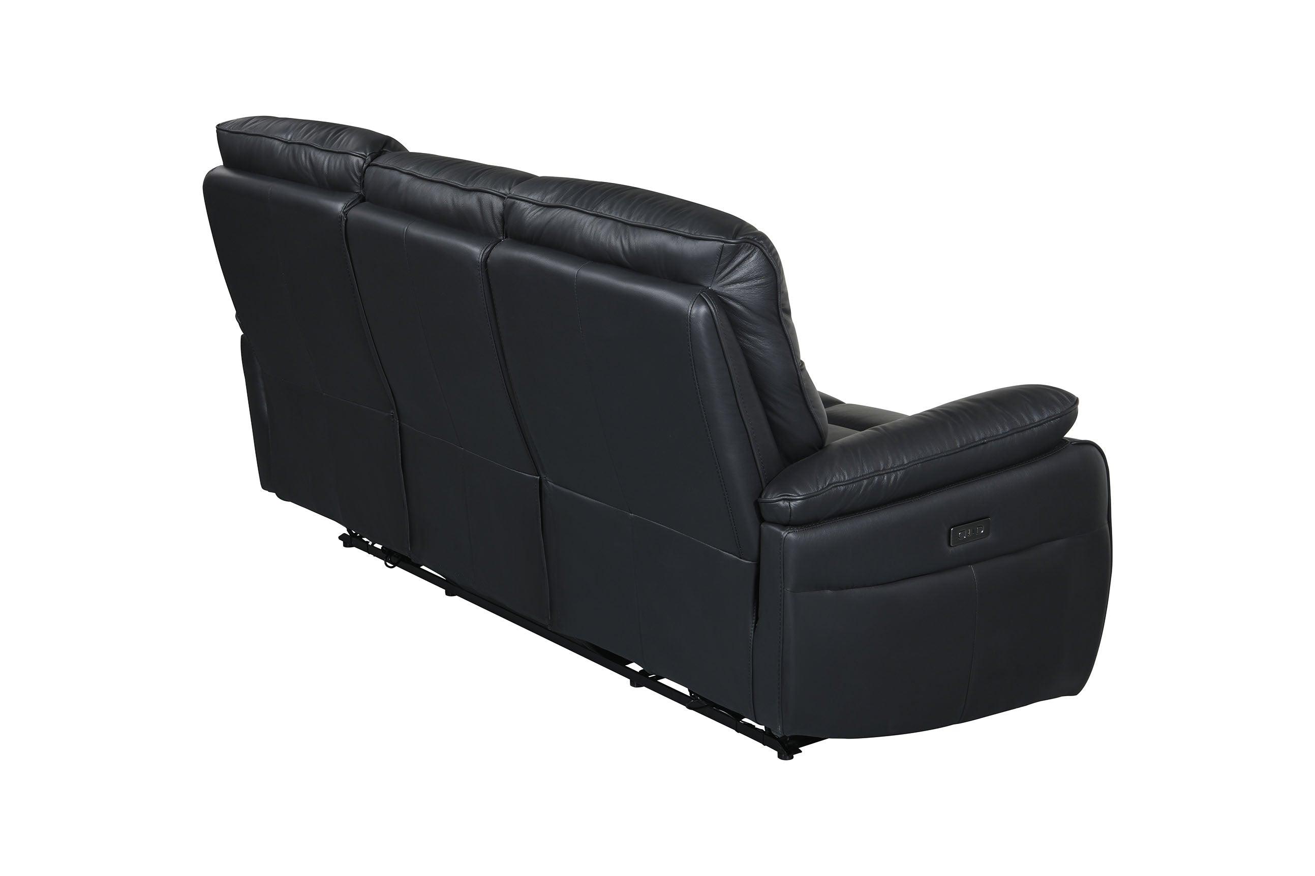 Black leather three-seater recliner sofa with plush cushions, rear view