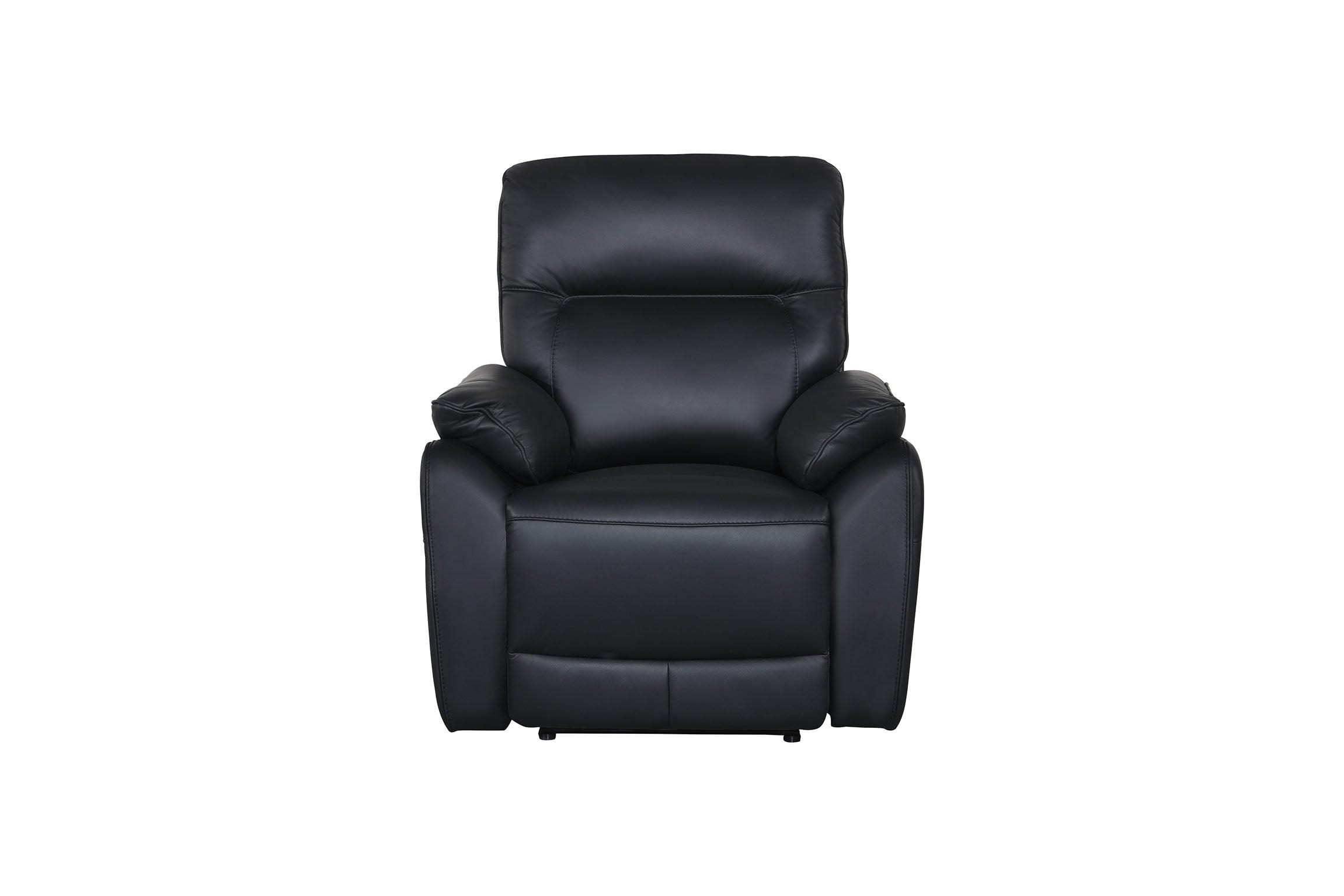 Black leather recliner armchair with padded armrests and cushioned backrest