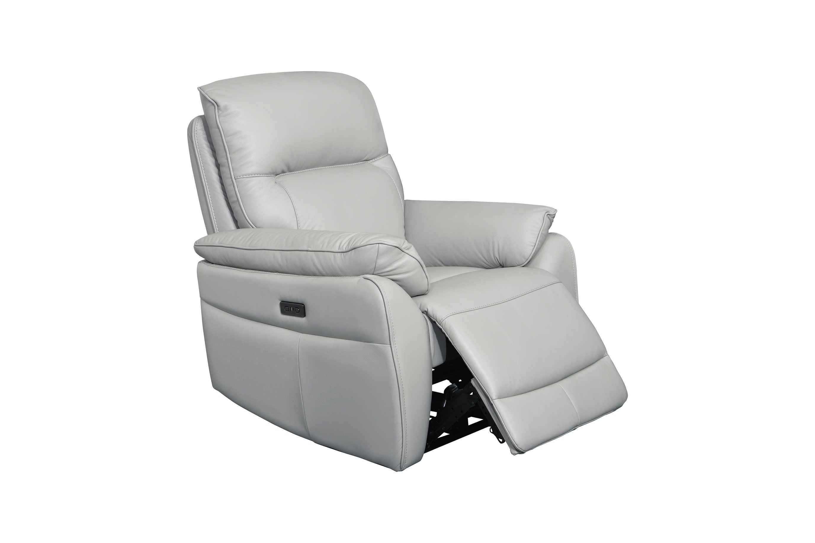 Silver leather electric recliner armchair with padded cushions and footrest extended