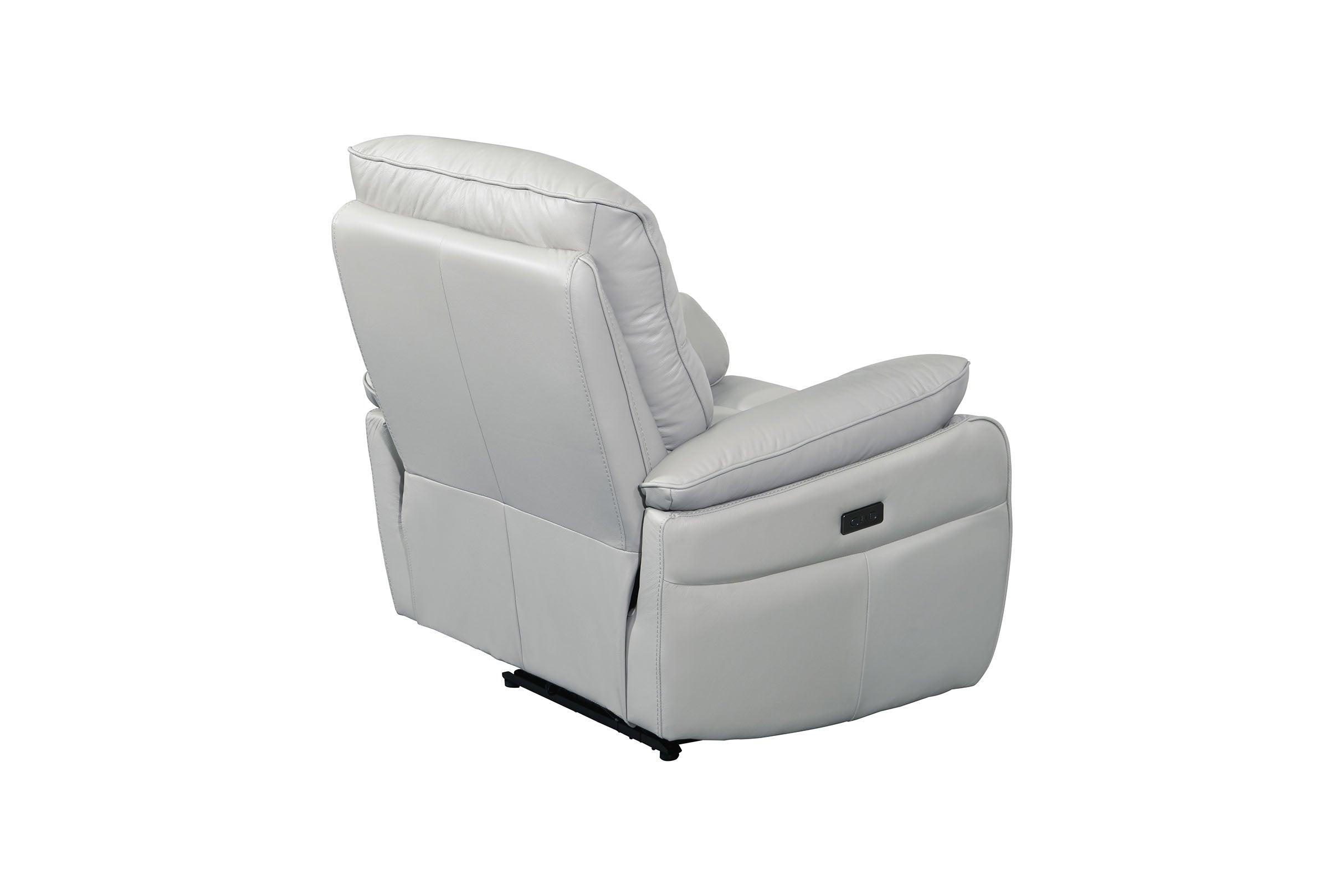 Modern silver leather recliner armchair with padded back and armrests on white background