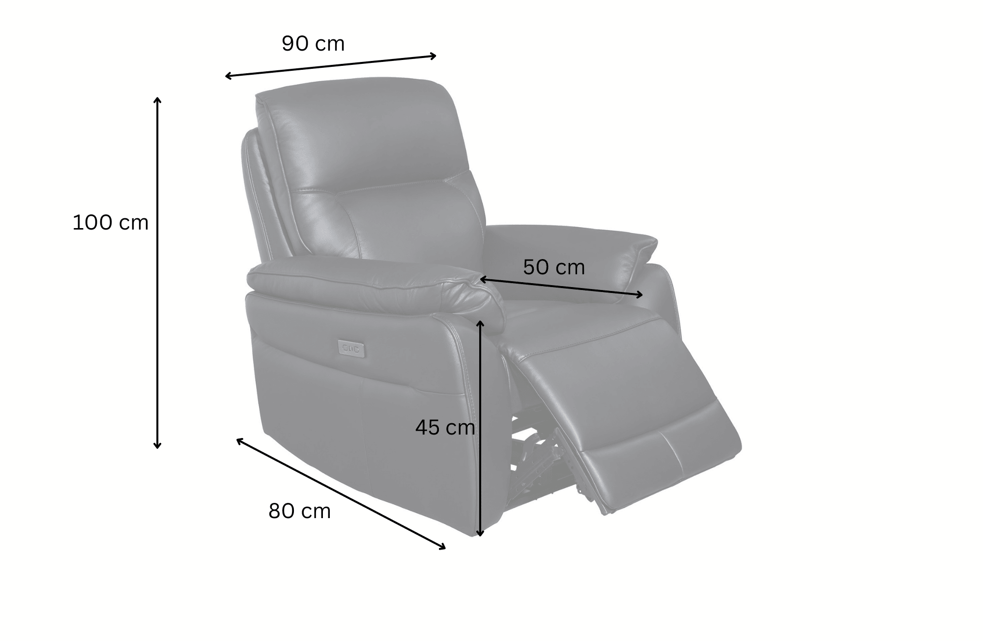 Grey recliner armchair with measurements 100cm height, 90cm width, 80cm depth, 50cm seat depth, 45cm seat height
