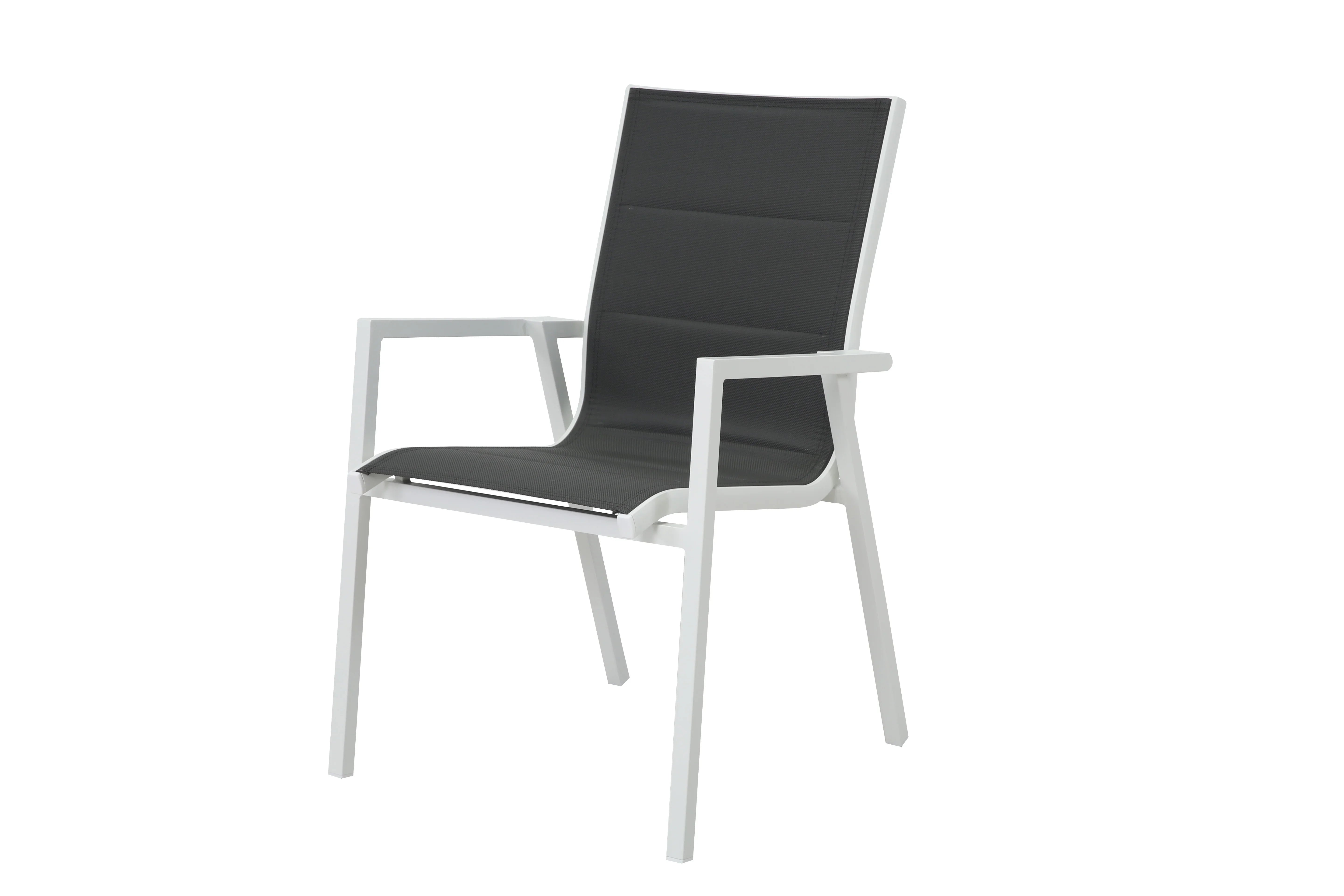 Modern outdoor dining chair with white metal frame and black mesh seat and backrest