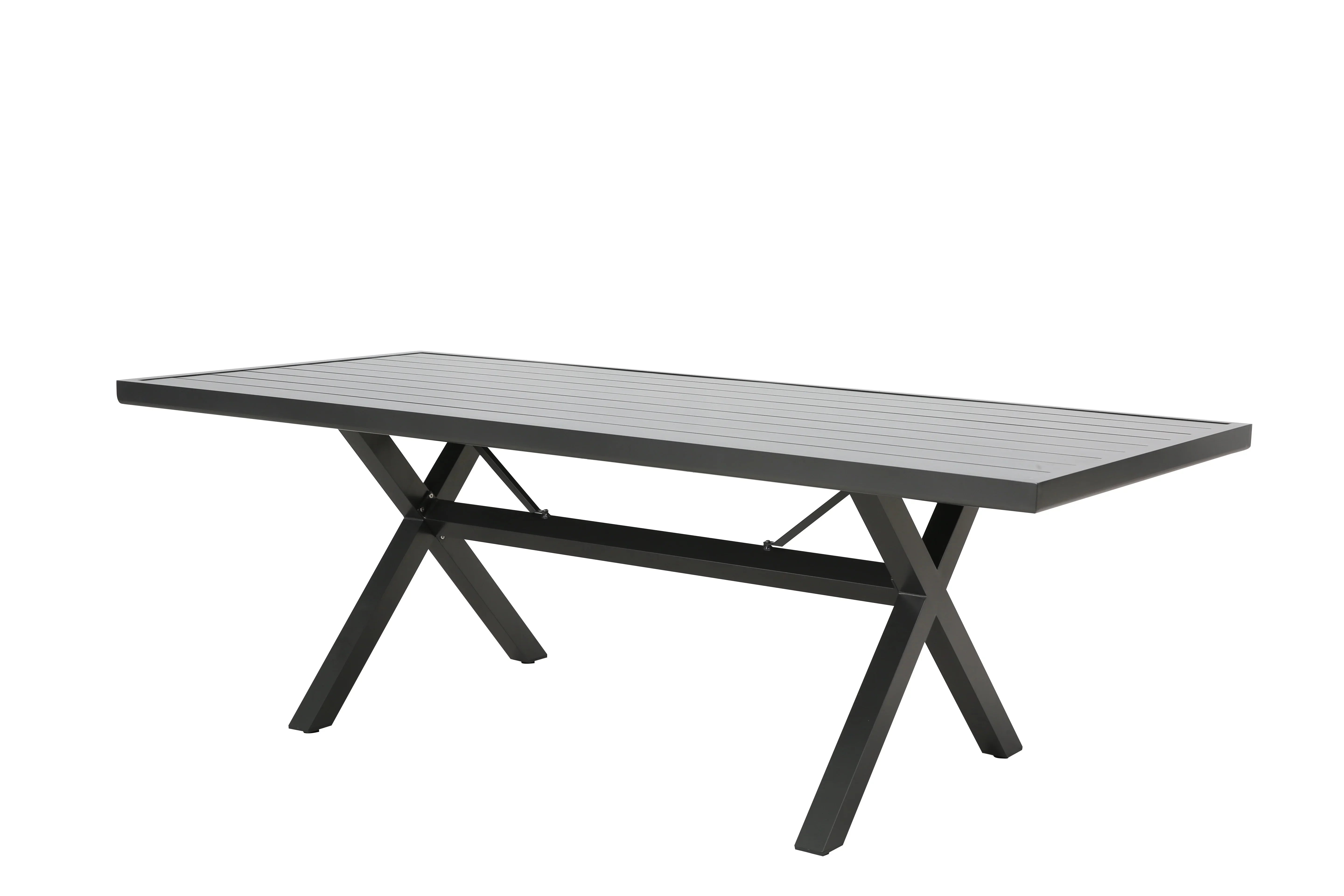 Modern outdoor dining table with slatted top and black metal X-legs