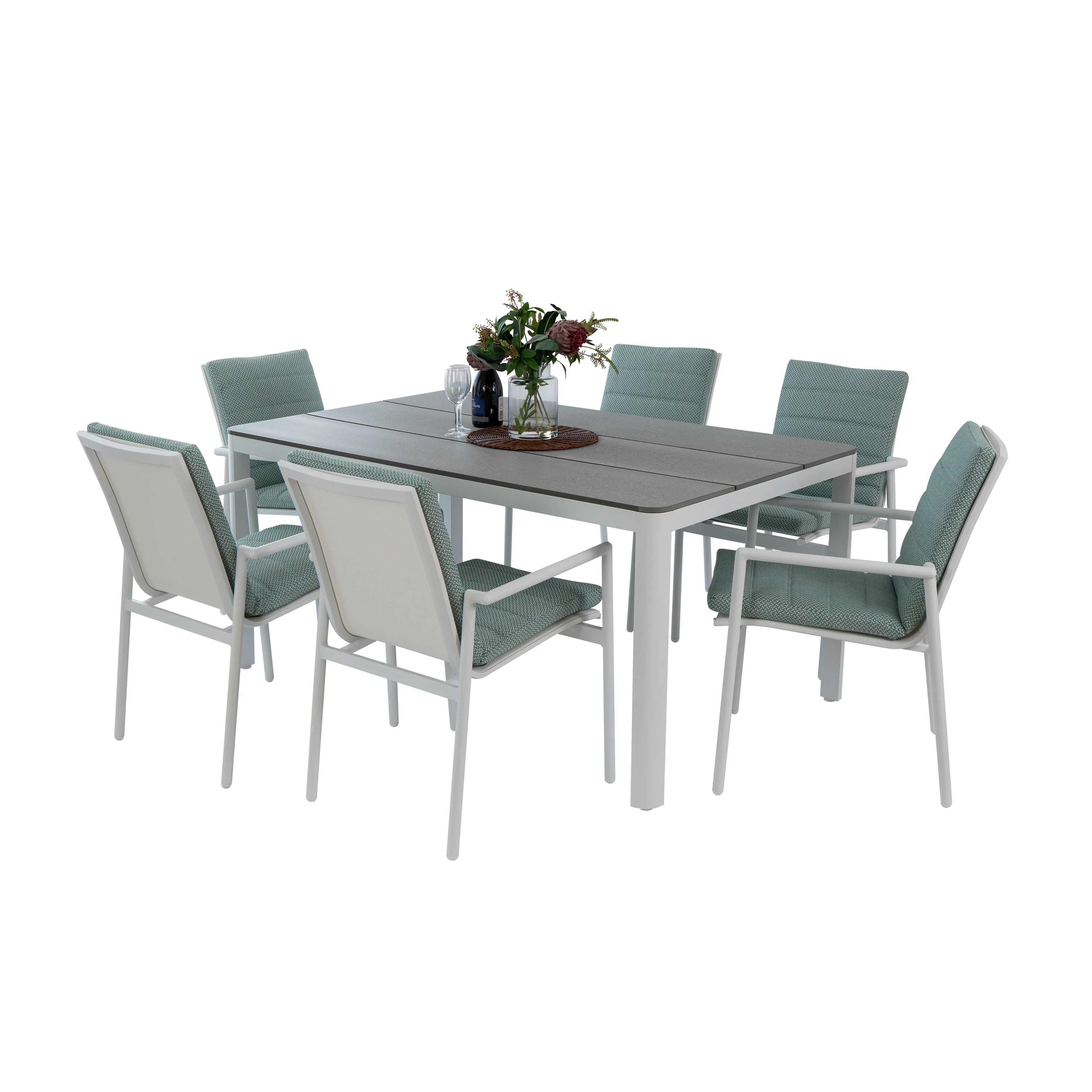 Outdoor dining set with a table and six chairs on a white background
