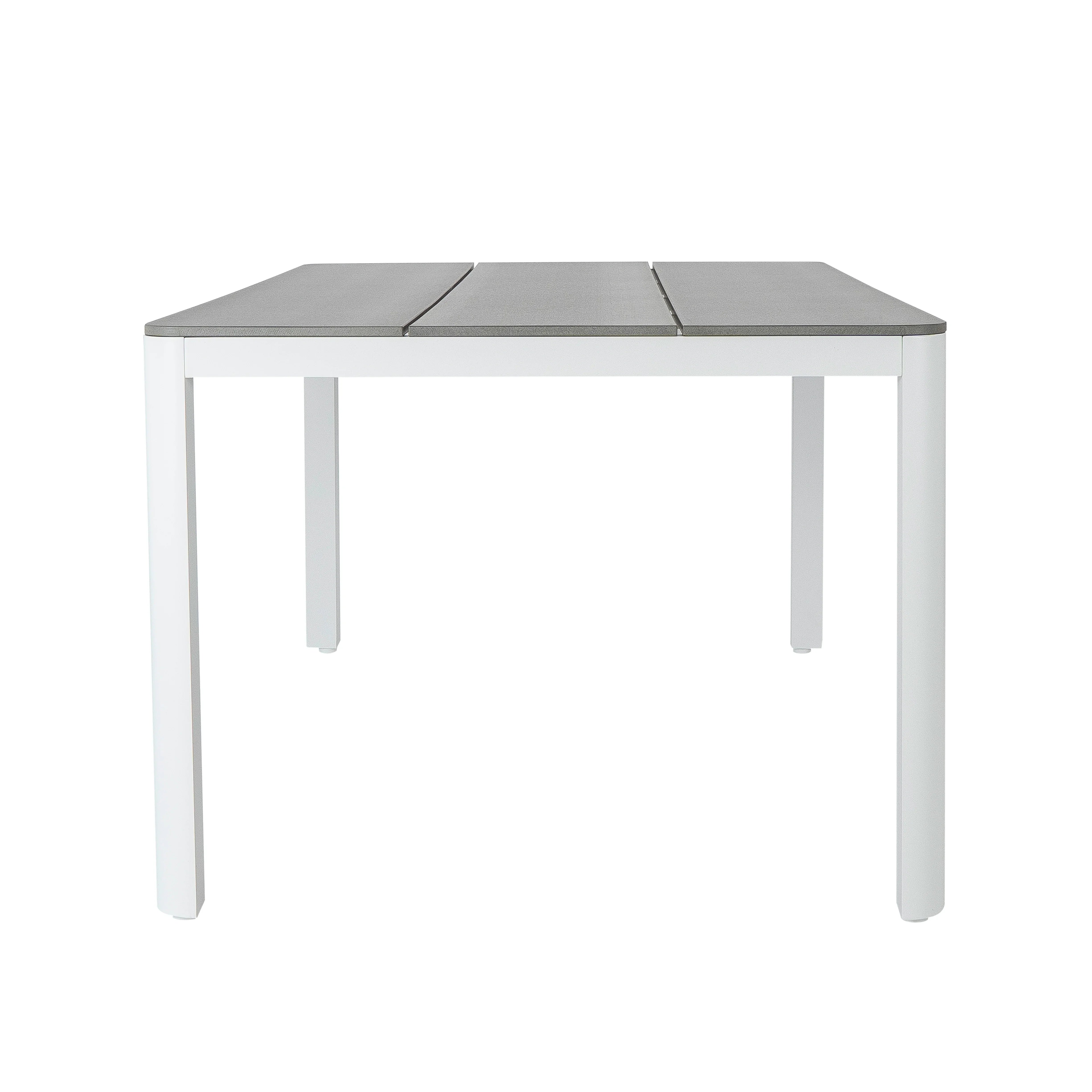 Square outdoor table with a gray top and white base on a white background