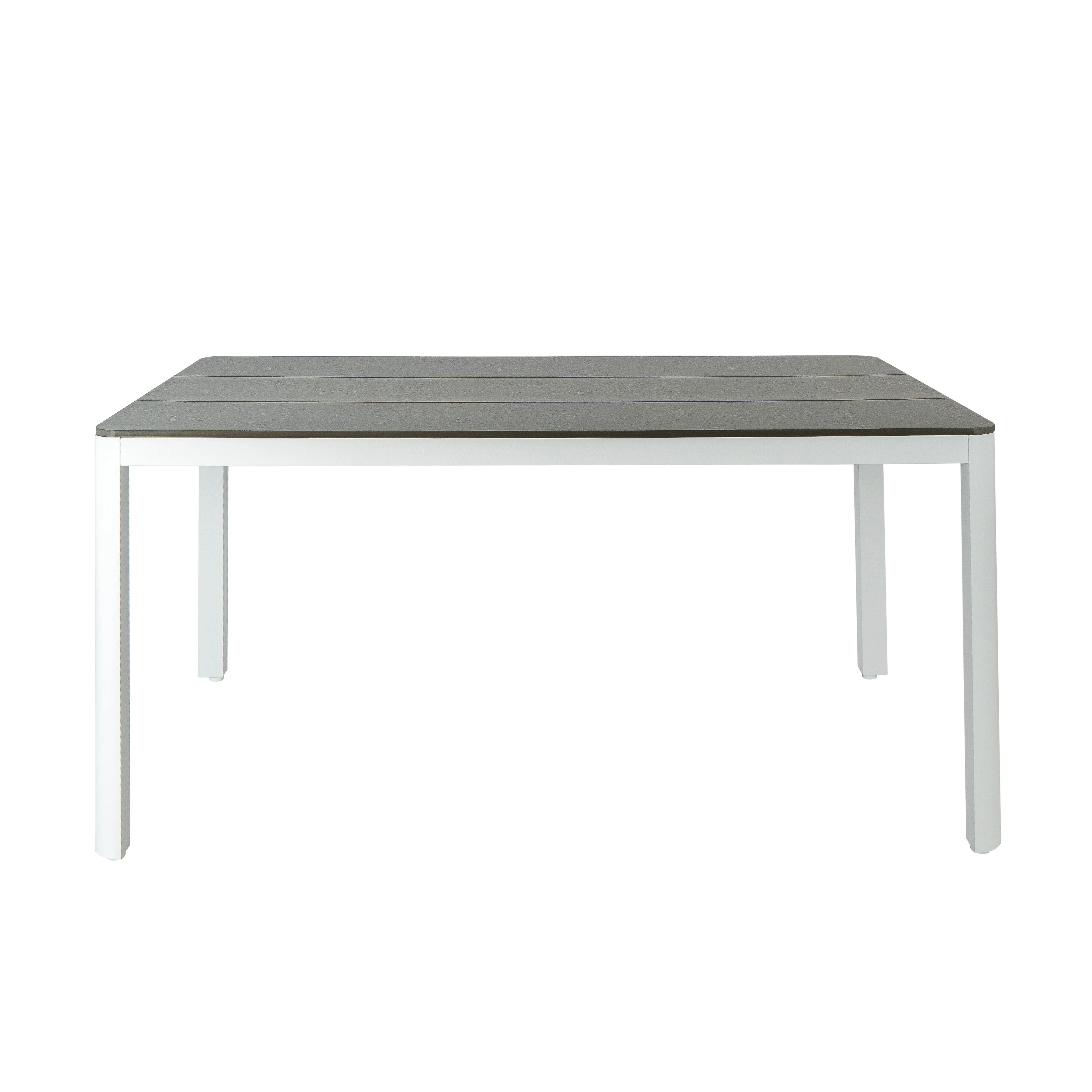 Rectangular table with a dark gray top and white legs on a white background