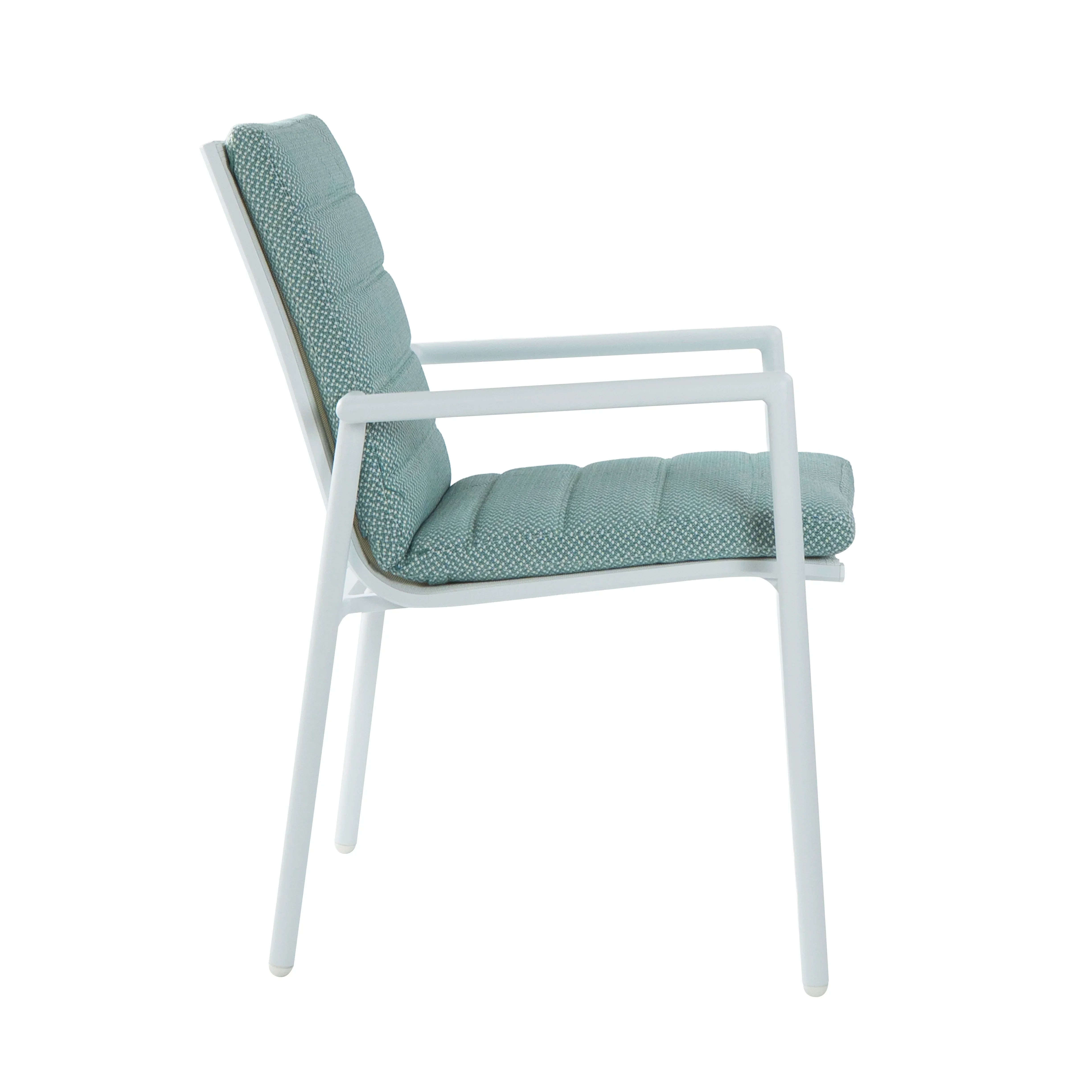 Chair with white frame and light gray cushion on a white background