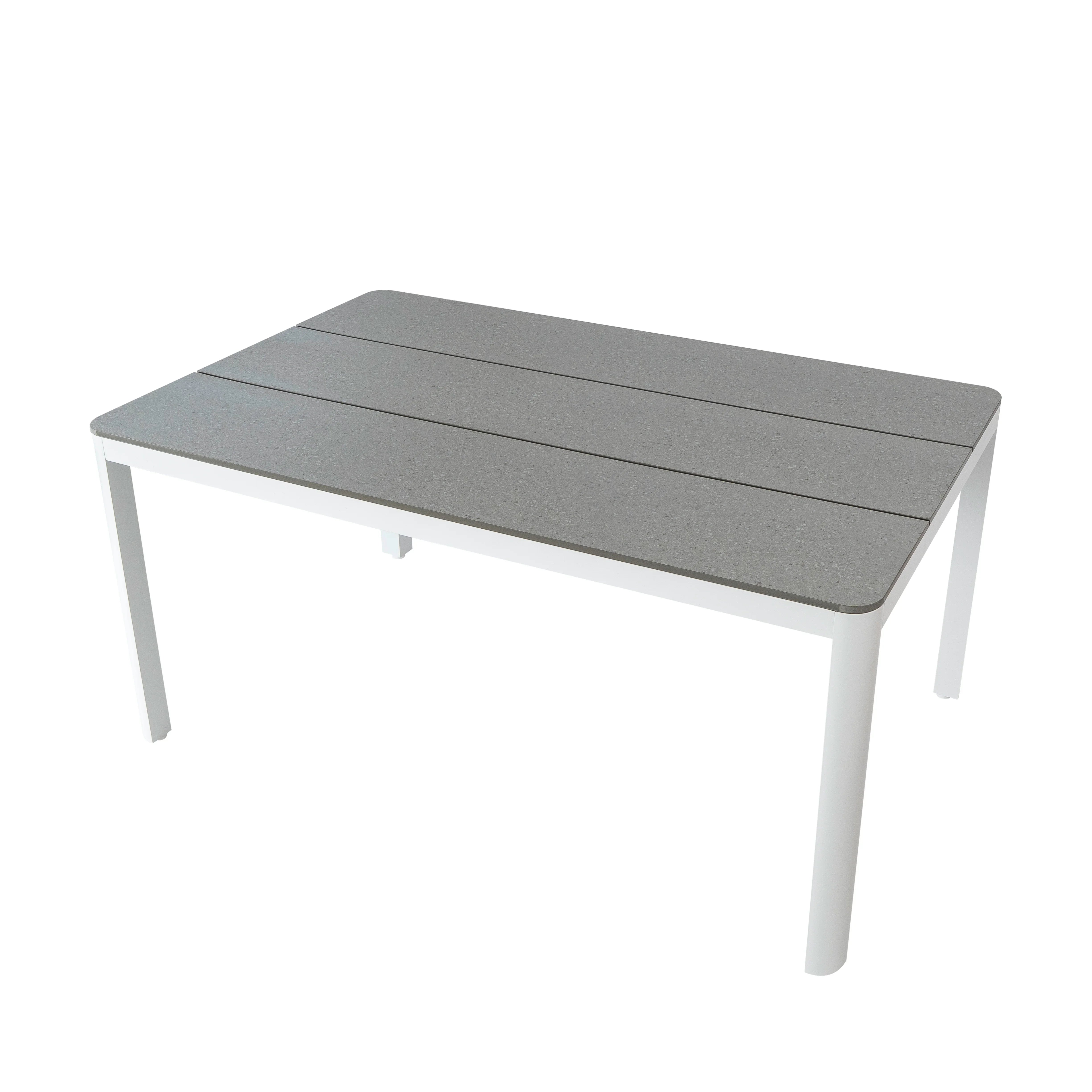 Rectangular outdoor table with gray top and white legs on a white background