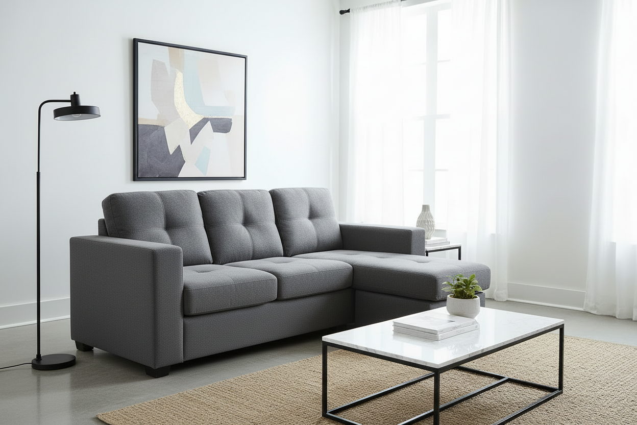 Modern living room with a gray sectional sofa, white coffee table, and abstract art on the wall.