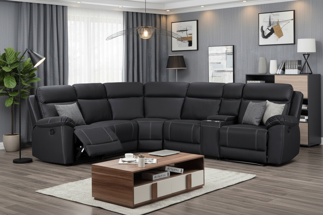 Modern living room with a black fabric sectional sofa and a wooden coffee table.