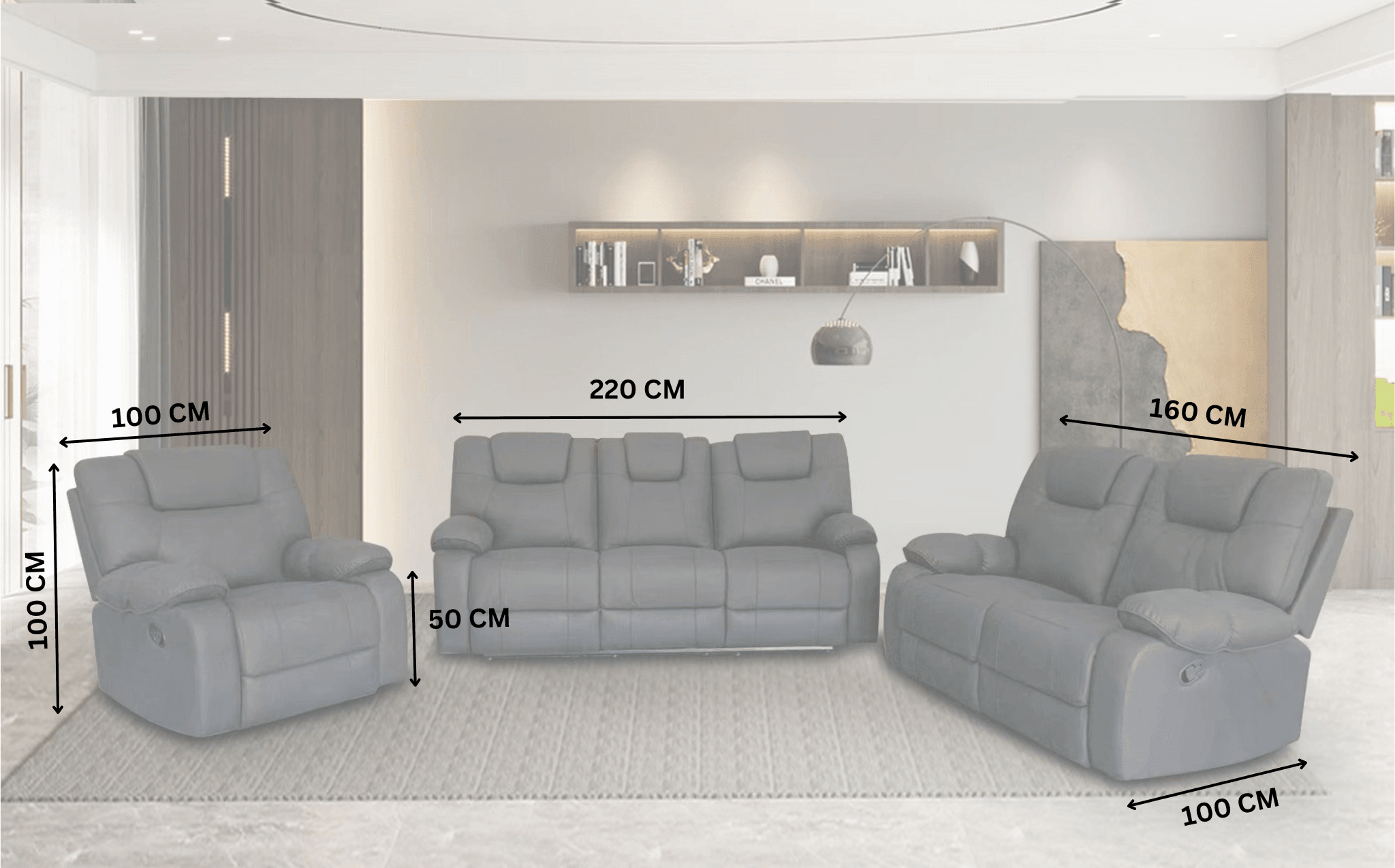 Grey recliner lounge set with measurements, including 3-seater, 2-seater, and armchair