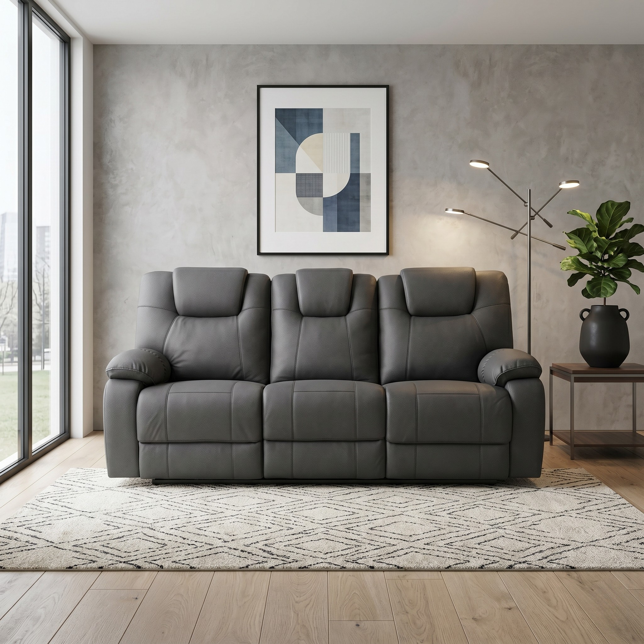 Gray sofa in a modern living room with abstract art and a plant.