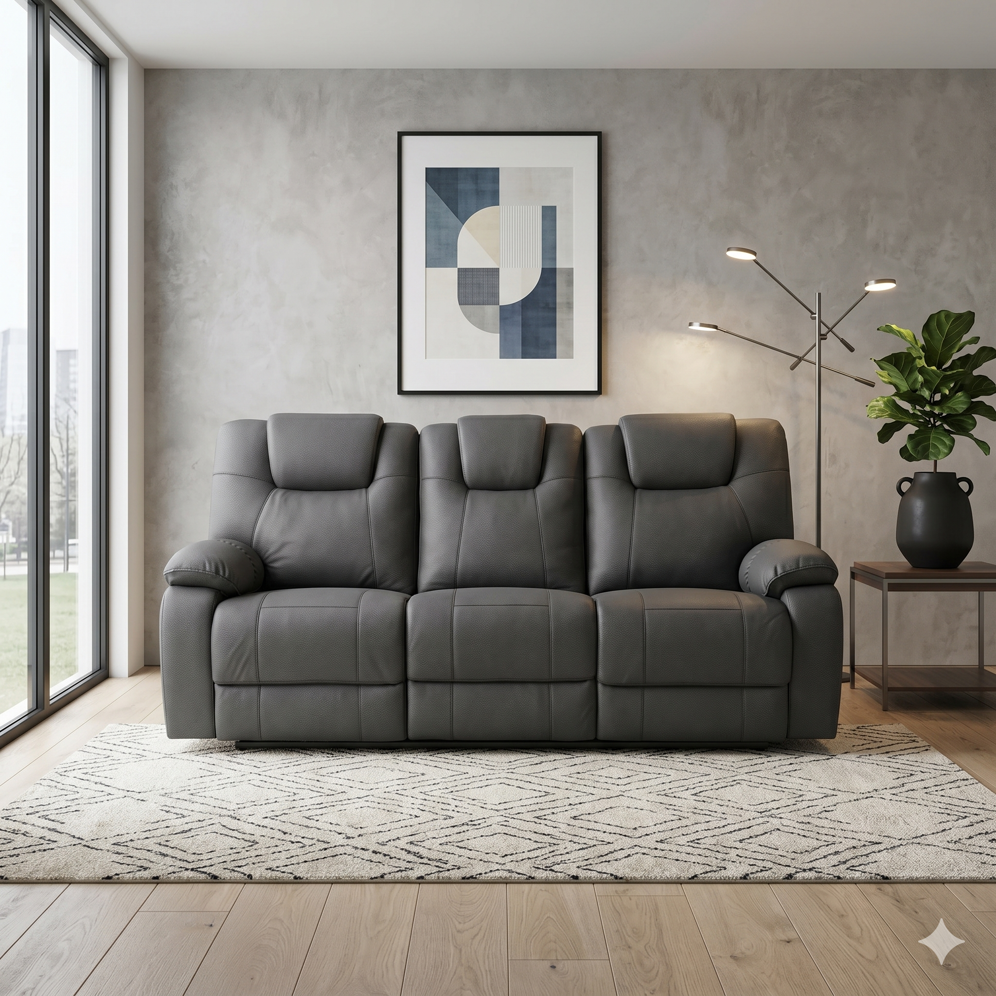 Gray sofa in a living room with a rug, lamp, and wall art.