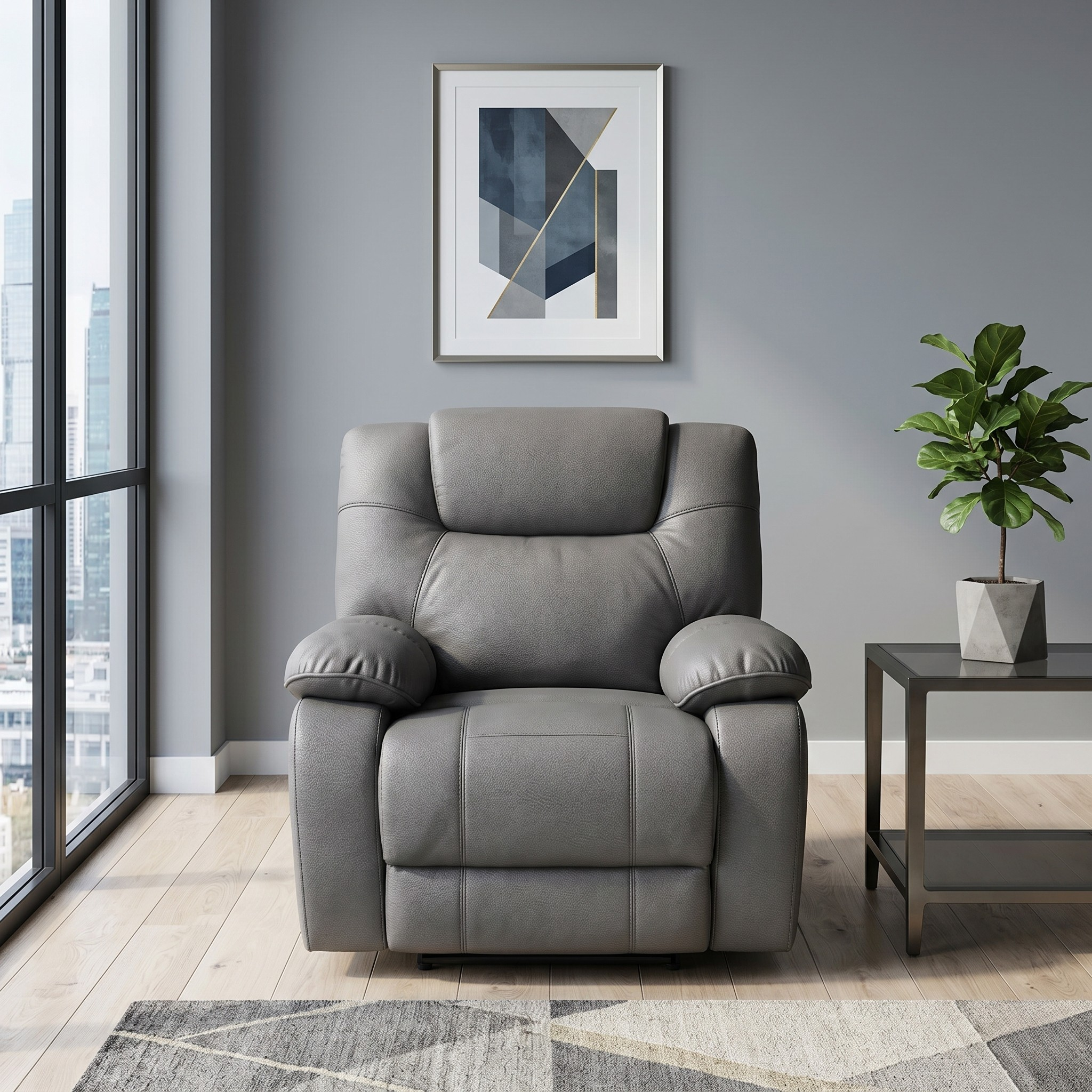Ballarat Recliner Chair in gray leather positioned in a modern living room with large windows, featuring padded armrests and a cushioned backrest next to a side table with a plant.